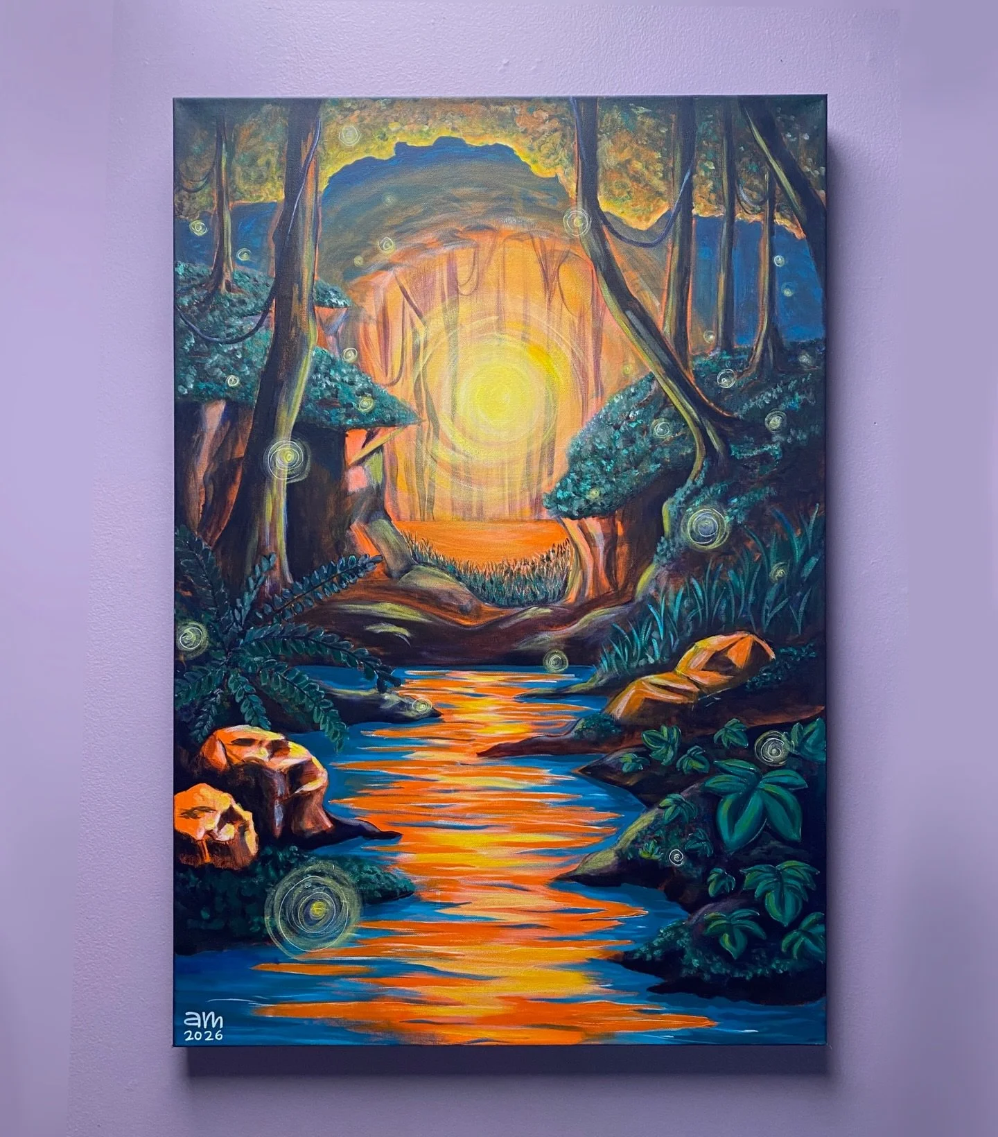 My newest creation 🌞 couldn&rsquo;t be happier&mdash;this scene slid right out of my brain and onto the canvas. 🌱 Swipe for my process! Fell in love with the orange underpainting and could not let it go 🍊  Now hanging in the gallery @goldengaiatat