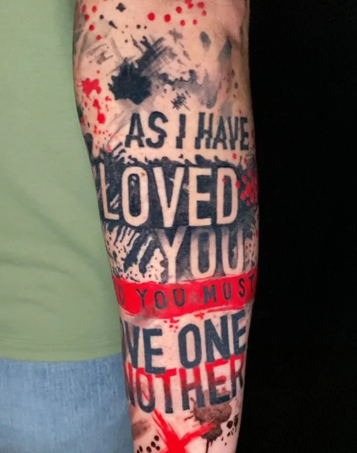 From October to March, Kris put his full trust in me for 5 sessions, about 20 hours of tattooing. This is our final product! Trash polka style Bible quote&hellip; pretty unique if you ask me. This style meshes really well with his existing abstract b