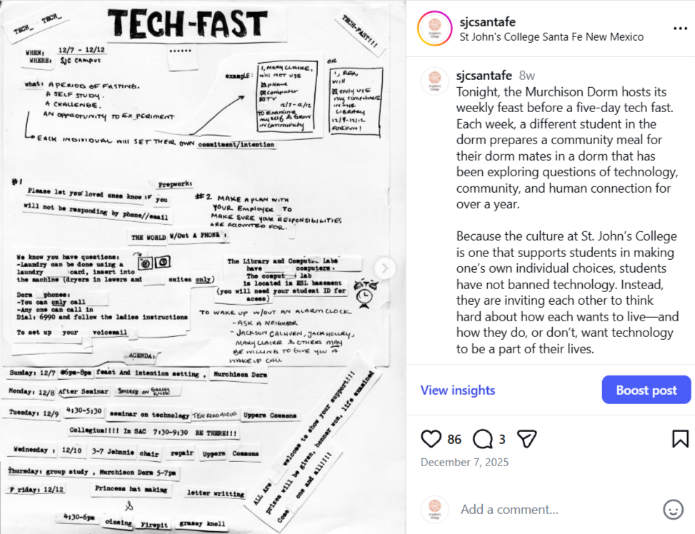 an Instagram post titled "Tech-Fast" with illustrations and listings of upcoming events