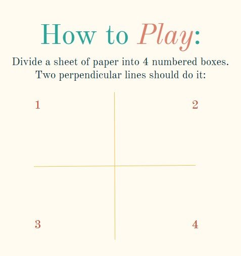 Paper that reads, "How to Play: Divide a sheet of paper into 4 numbered boxes. Two perpendicular lines should do it:"