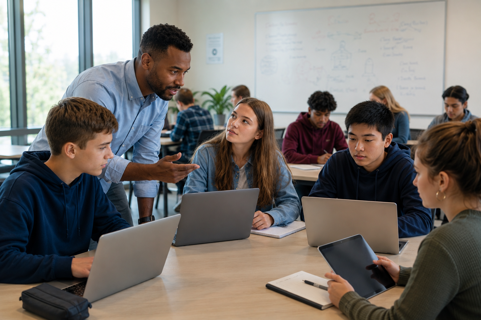 students sitting around a table with laptops while a teacher is talking with them