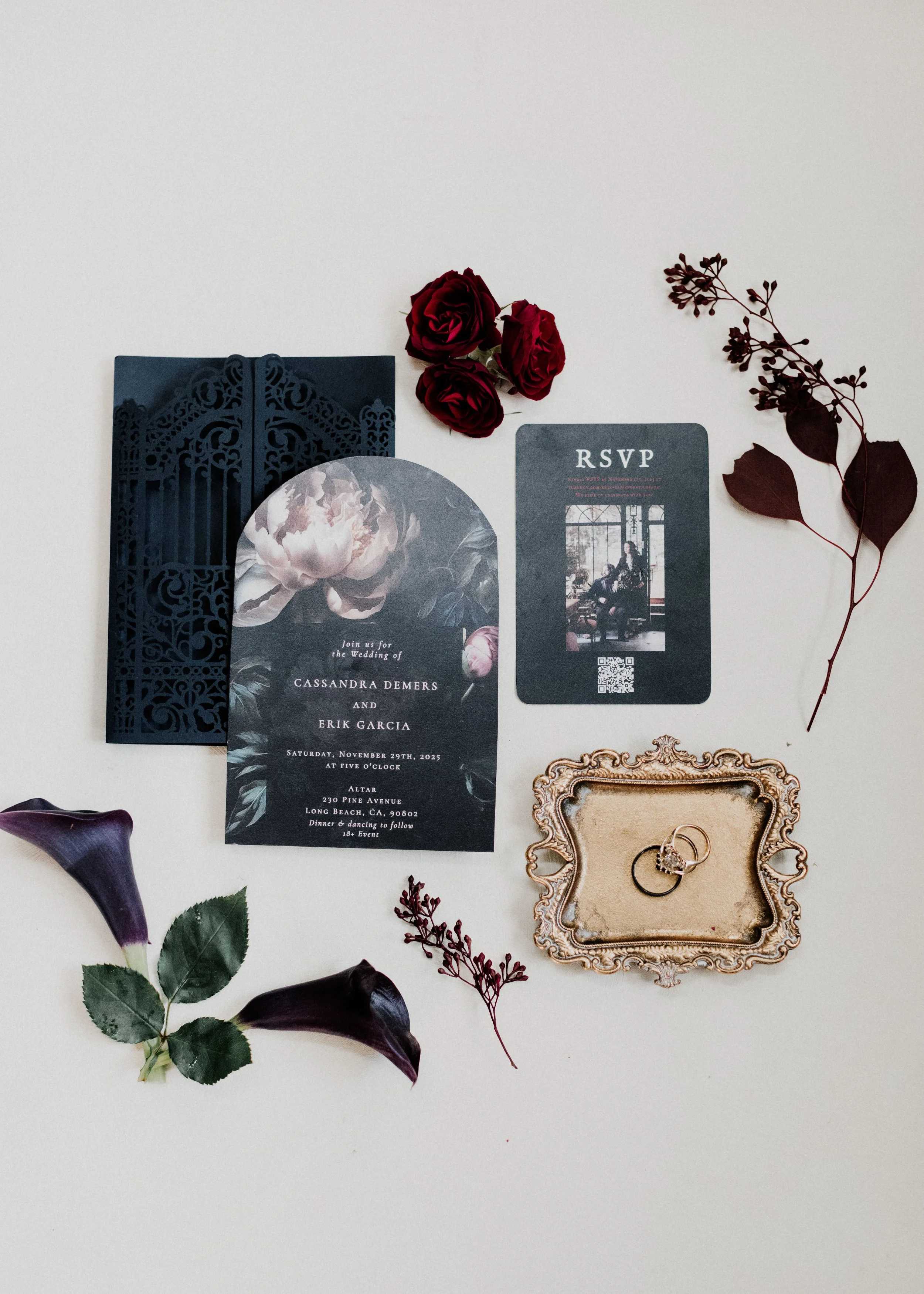 goth wedding flatlay