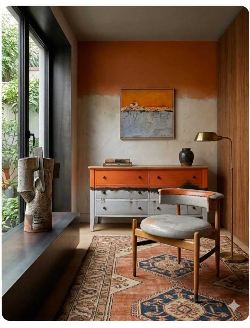 Mid Century Modern/Industrial Hand Painted Dresser, Chair and Canvas set