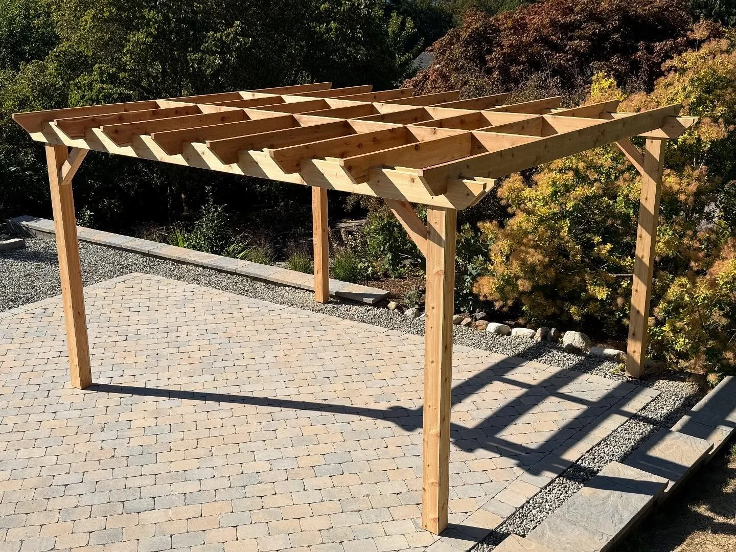 Big 12&rsquo;x14&rsquo; cedar pergola on some off set pavers that were completed a year ago