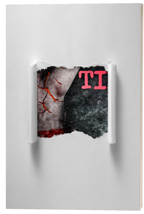 Image of a white wall with a torn section revealing a dark, cracked surface underneath with red and pink accents.