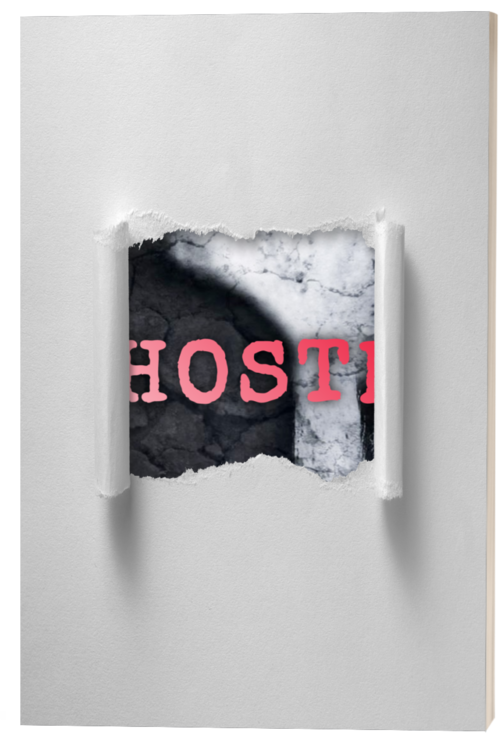 A white wall with a tear revealing a dark background with the word "HOST" in pink letters.