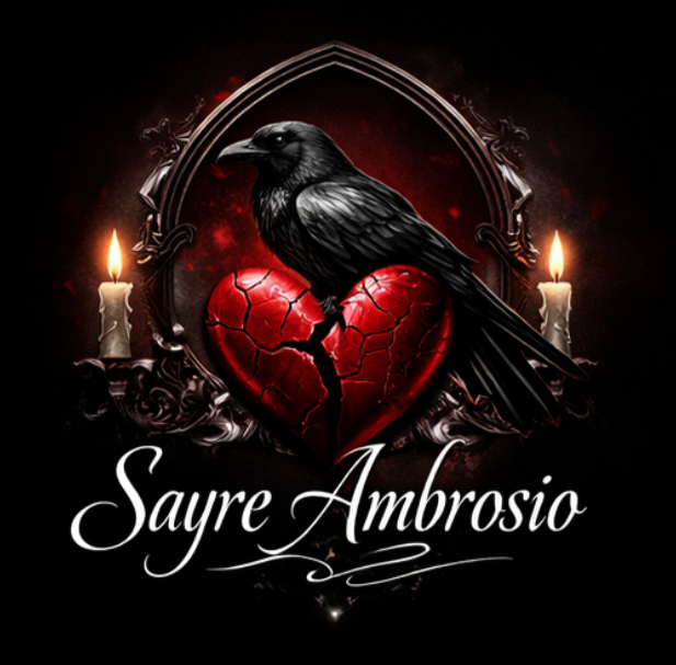 A black crow perched on a cracked red heart with candles on each side and a decorative frame, with the text 'Sayre Ambrosio' below.