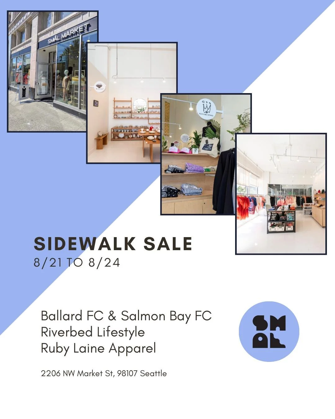 We are thrilled to participate to our first Ballard Sidewalk Sale this weekend! 
Come by to find items from our participating vendors. 

Thursday to Sunday: Ruby Laine Apparel and Riverbed Lifestyle
Saturday: Ballard FC &amp; Salmon Bay FC, Ruby Lain