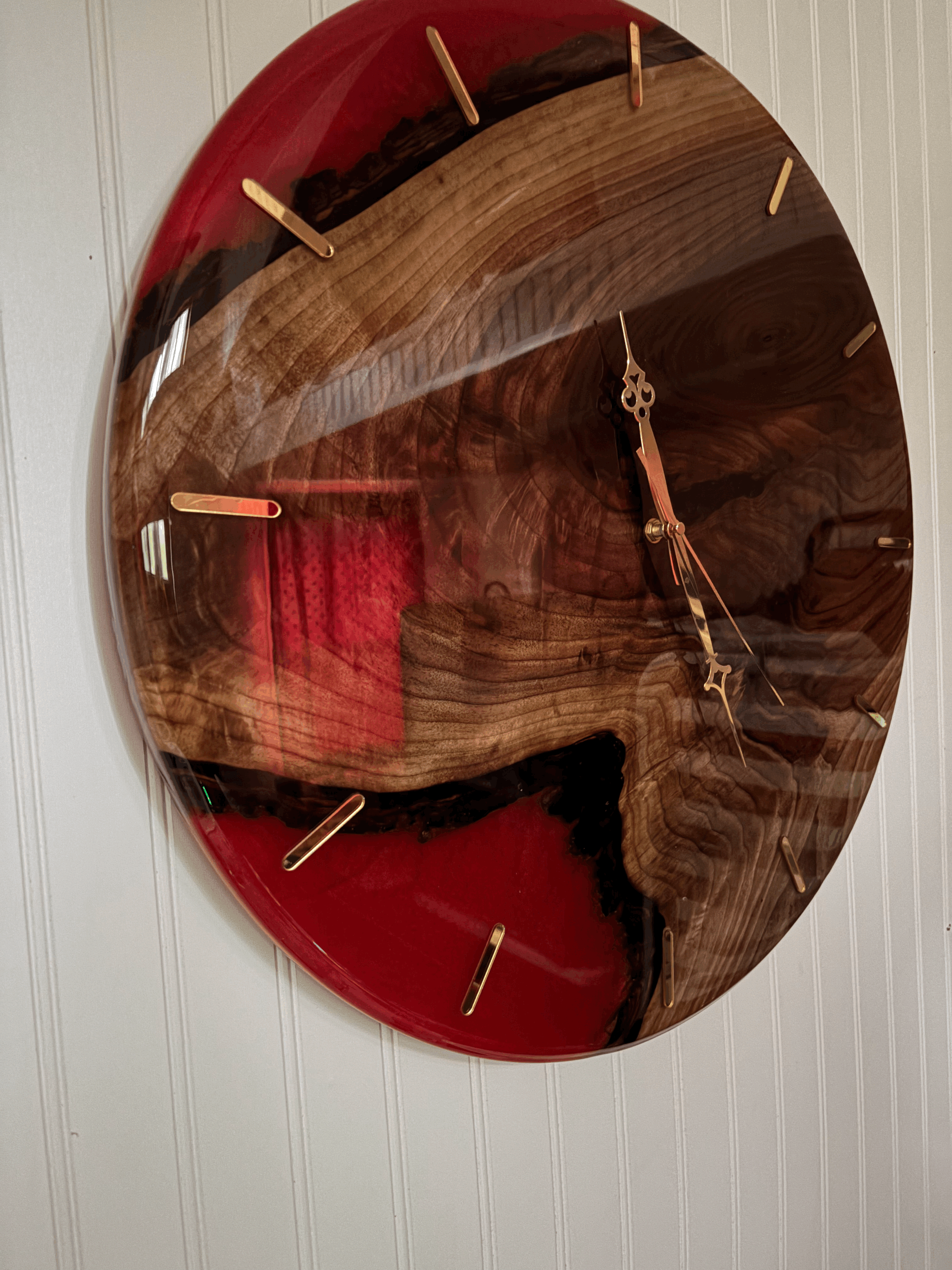 24" cedar clock with resin and gold face.