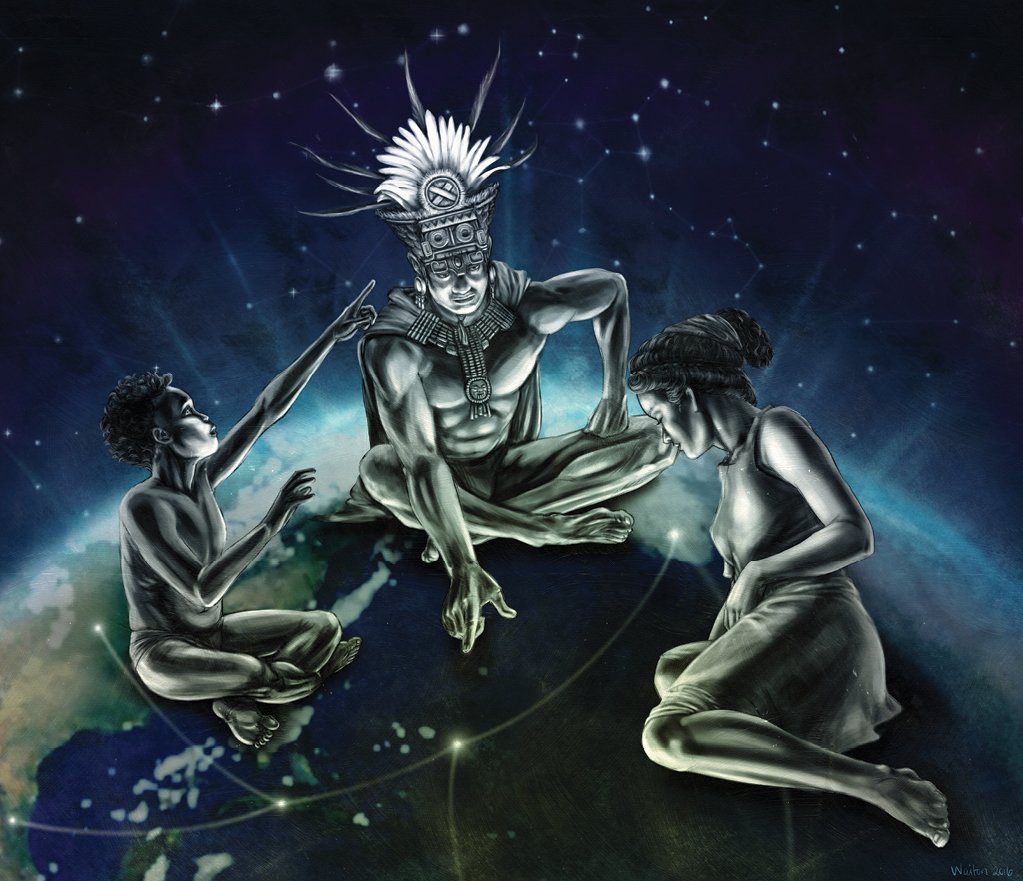 Ancient astronomers, sitting on a representation of the world, charting start systems.