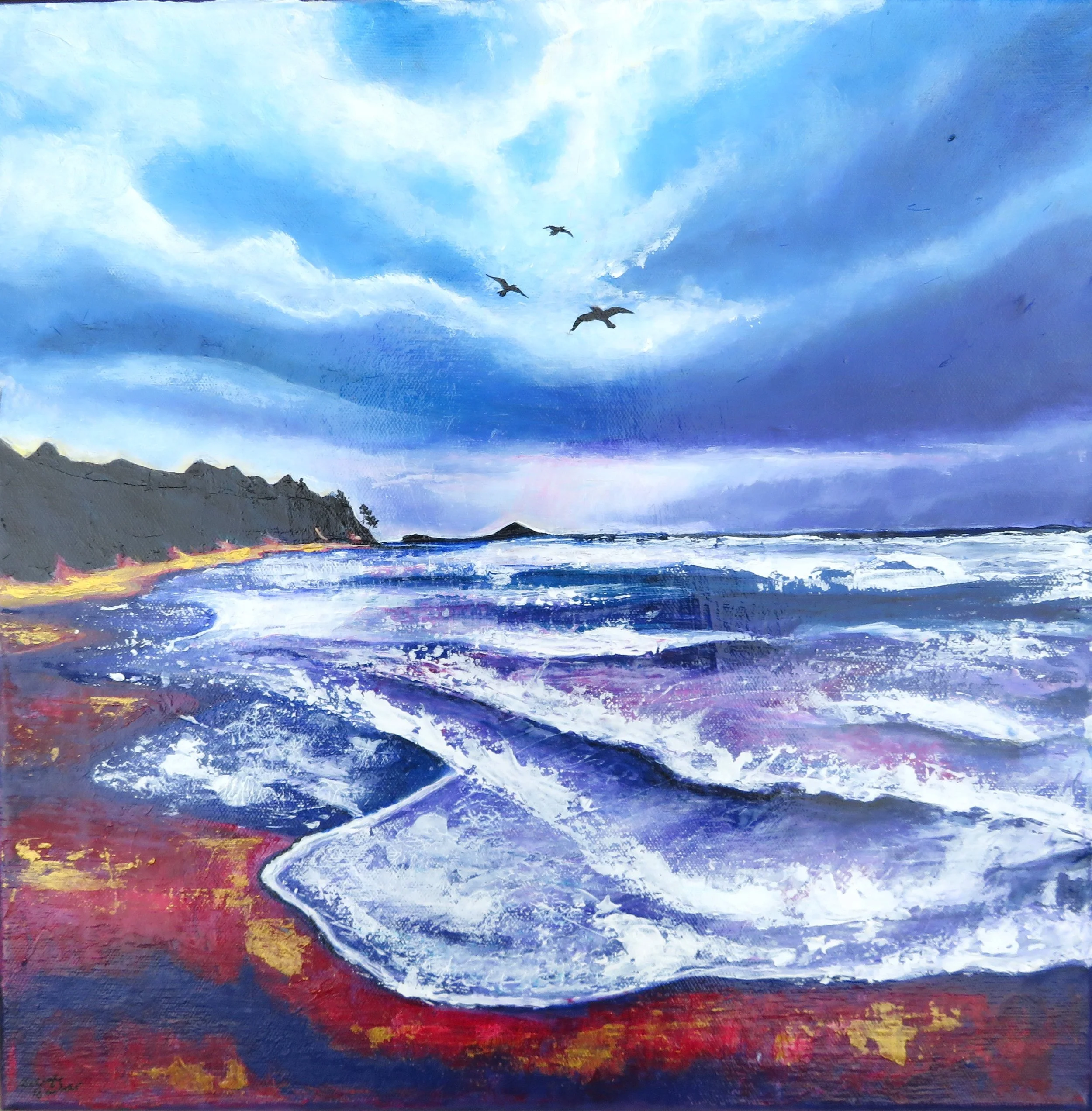 Breige Barker - 'Drifting over Sandy Beach - acrylic on canvas - 40cm x 40cm .JPG