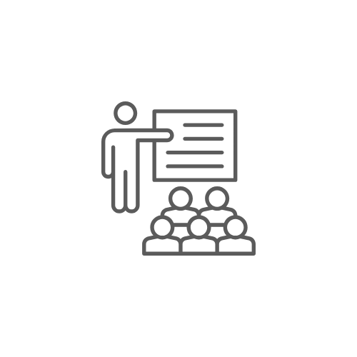 An icon of a person standing in front of a presentation board with four people seated and listening teaching leadership management training.