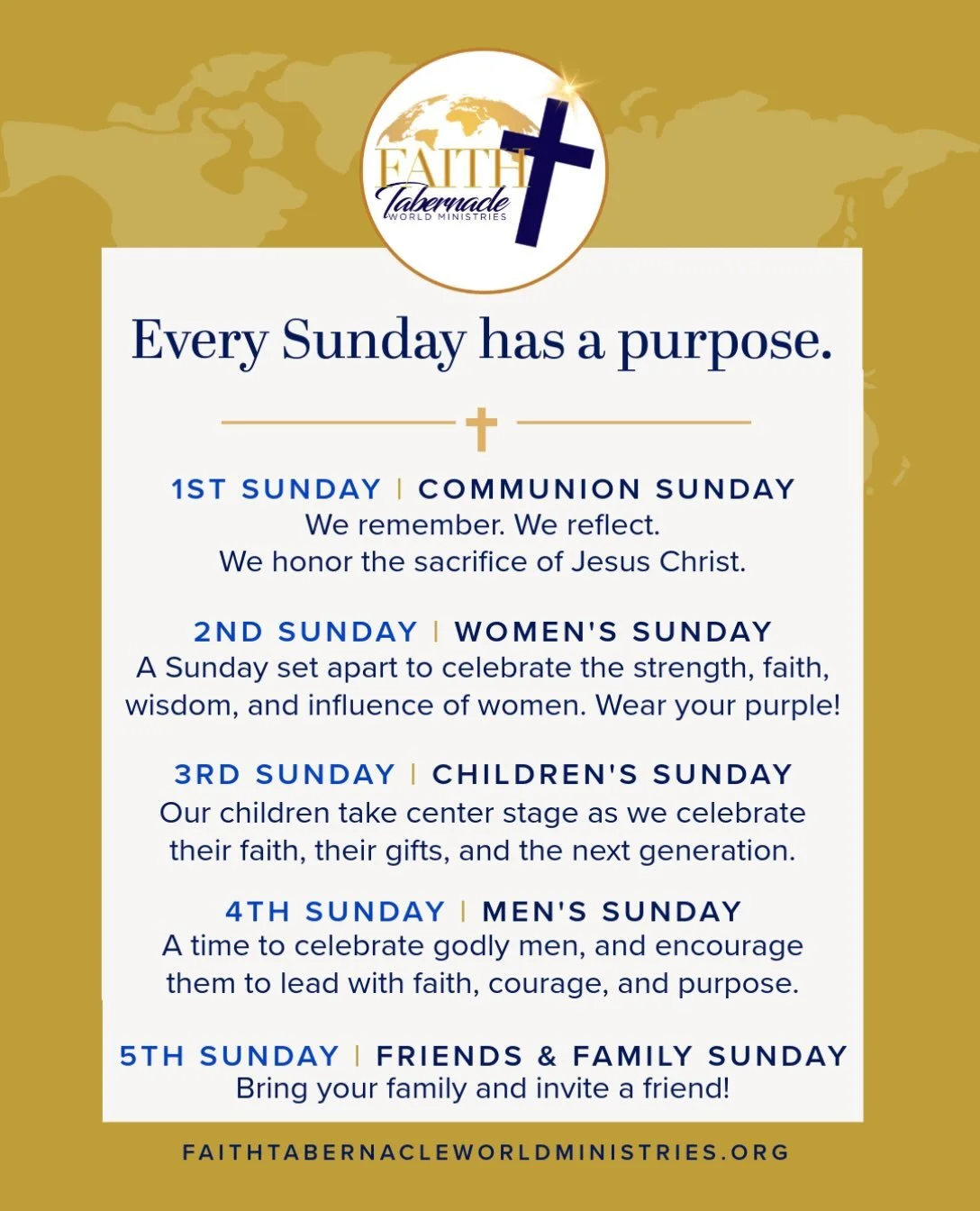 Every Sunday. Every person. Every generation. Every season. There&rsquo;s a place for YOU!

At Faith Tabernacle WORLD Ministries, we don&rsquo;t just gather. We come together to worship, fellowship, celebrate, and give God glory!

From Communion Sund