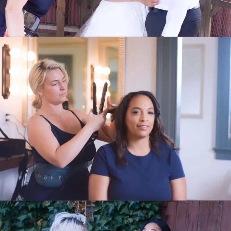 Behind the scenes of Maryland bride getting wedding hair styled, updo adjusted, and natural bridal makeup touched up by wedding beauty artist serving Maryland and Southern PA