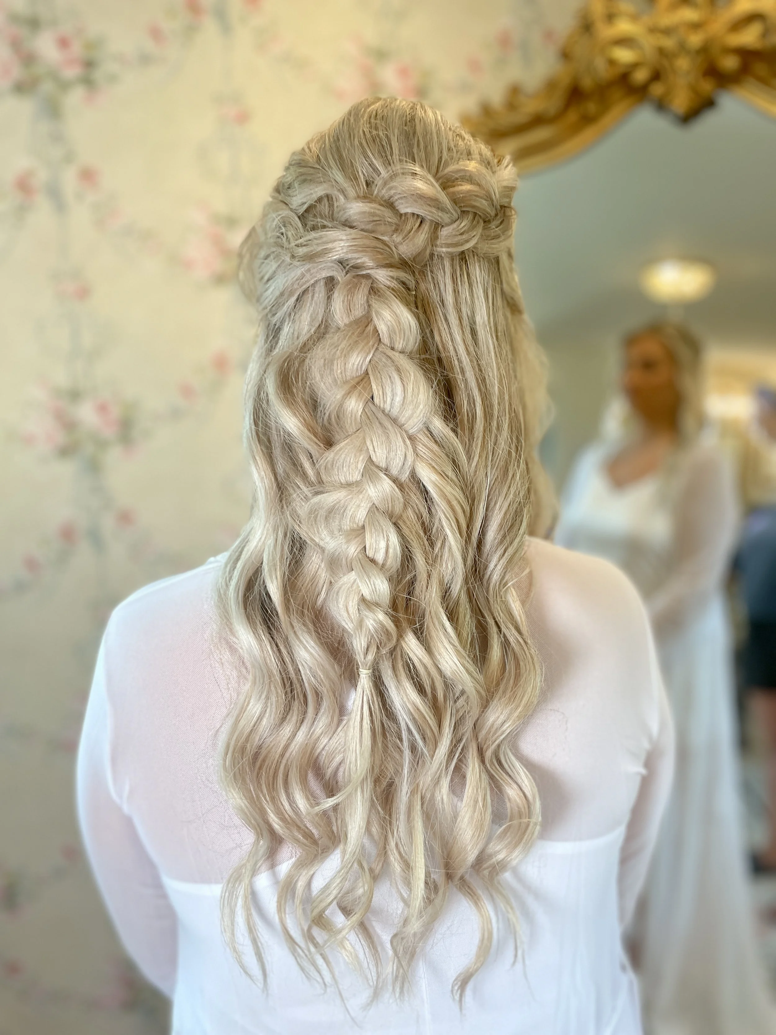 Glowing bride with natural half up hairstyle in Maryland with braid