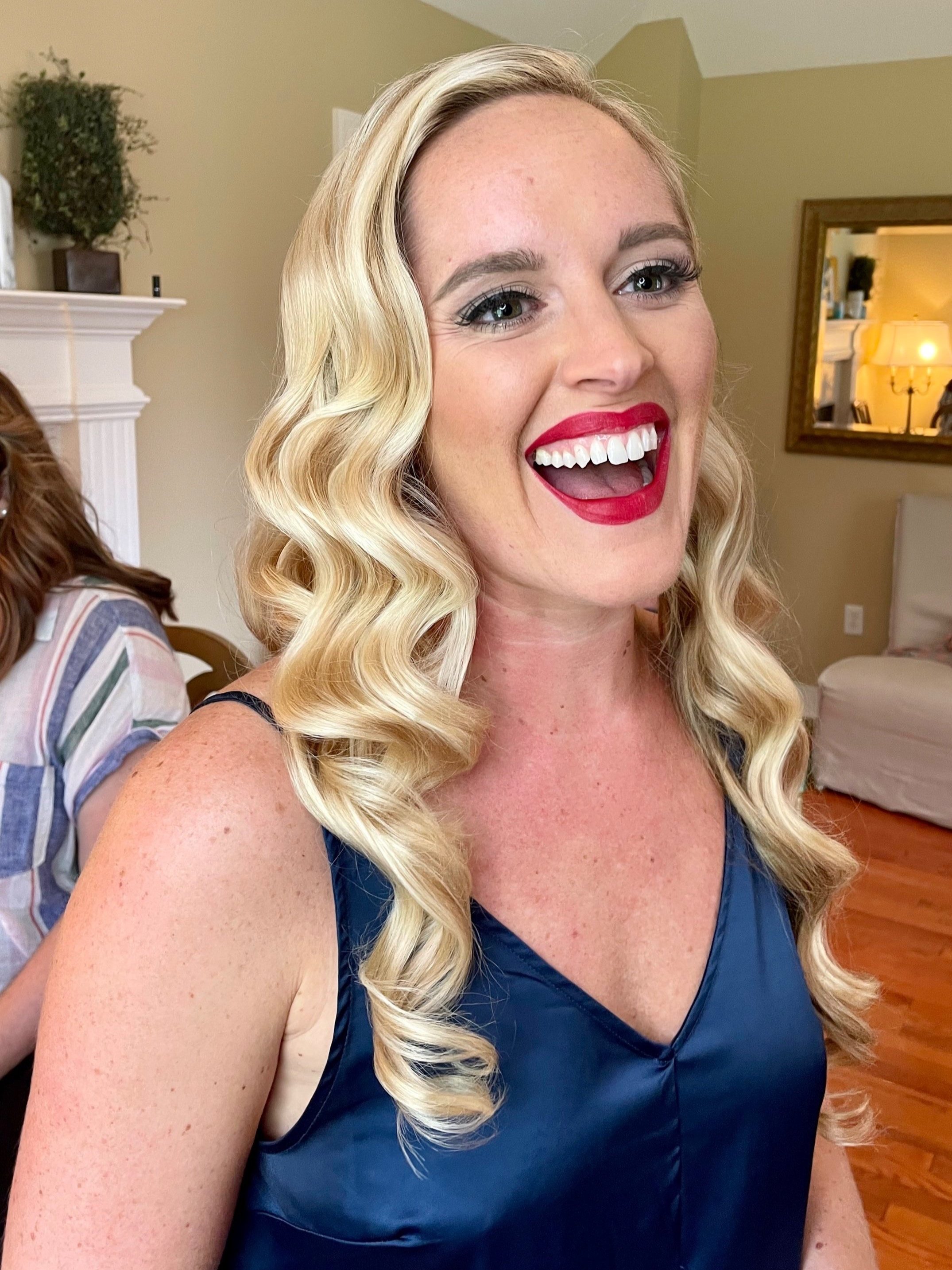 Radiant bridal skin paired with bold lip for Maryland wedding