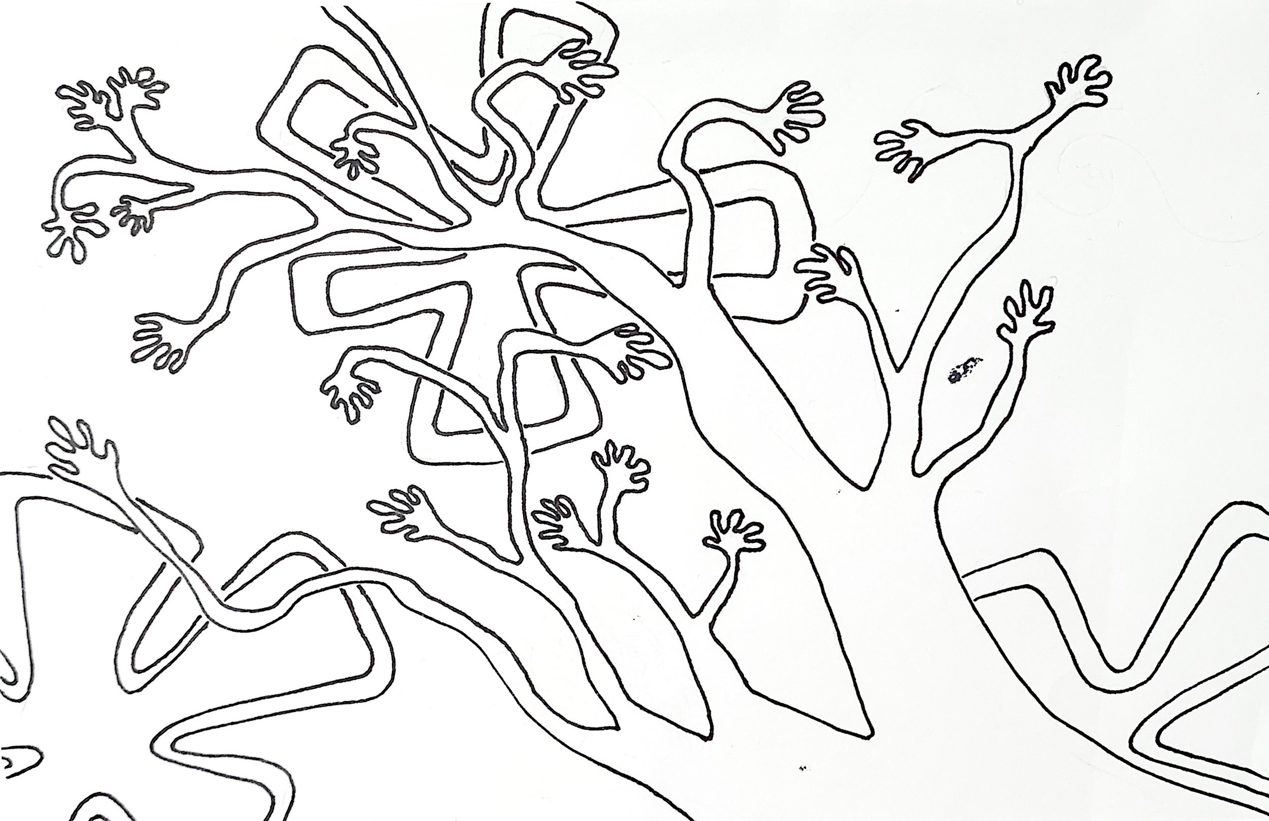 This surreal line drawing transforms the organic form of a tree into a network of human limbs, where branches become arms and leaves turn into expressive hands. The simplicity of the black ink outlines belies its conceptual depth—suggesting themes of