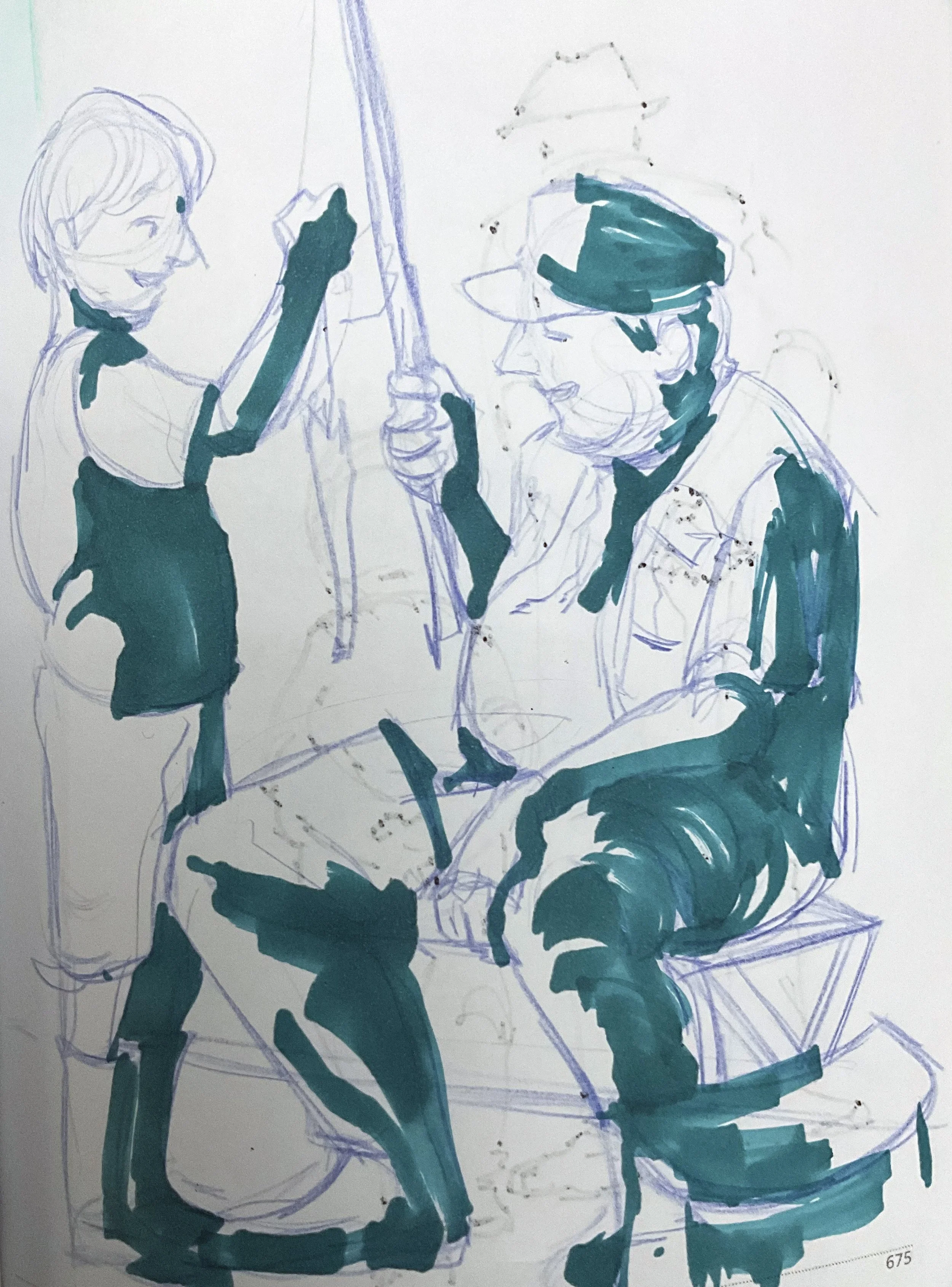 Figure drawing drawn with colored pencil and marker 