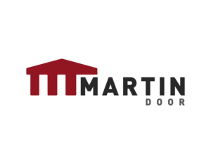 Logo for Martin Door featuring a stylized red garage door above the company name in black and gray text.