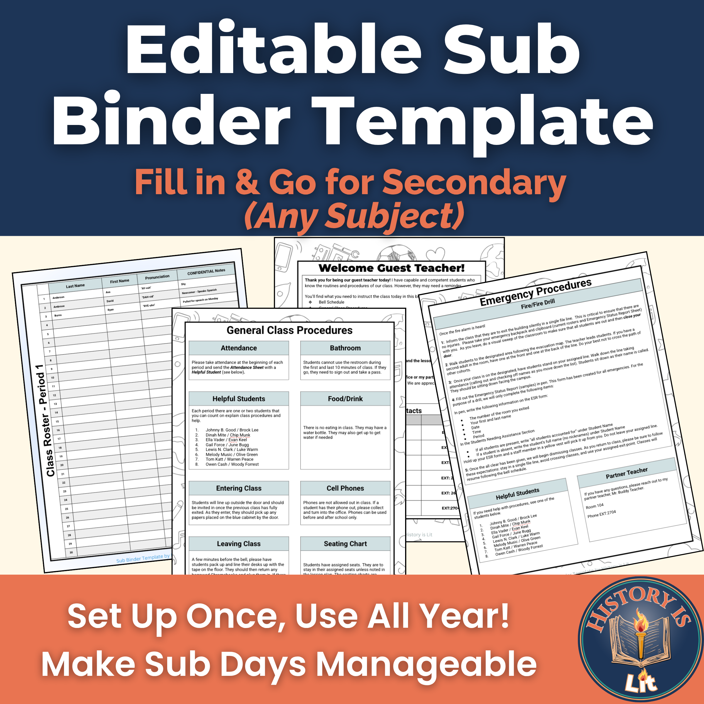 Editable Substitute Teacher Binder | No-Prep Sub Plans & Classroom Organization