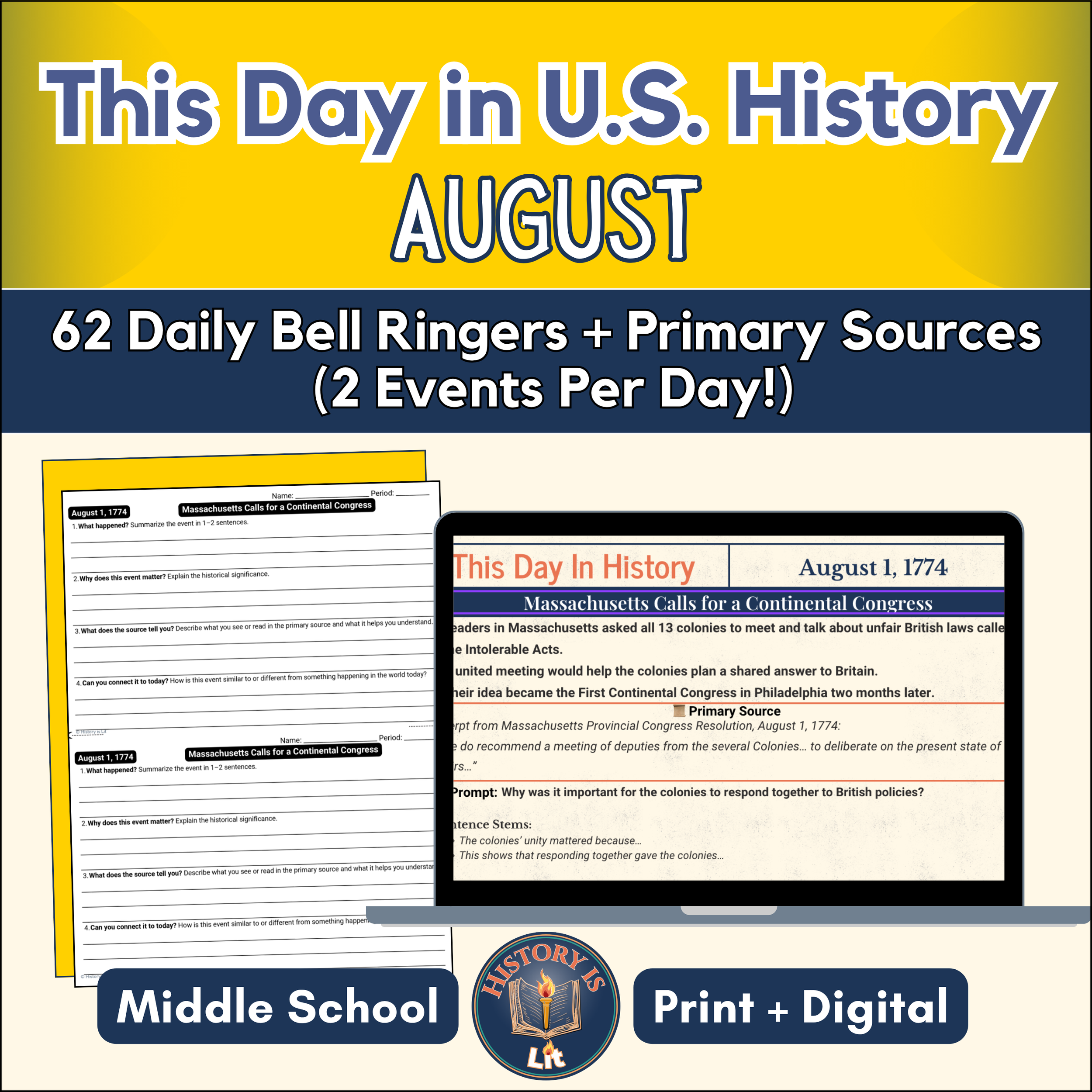 August - Daily ‘This Day in U.S. History’ Bell Ringers 7-8th Gr Slides+Analysis
