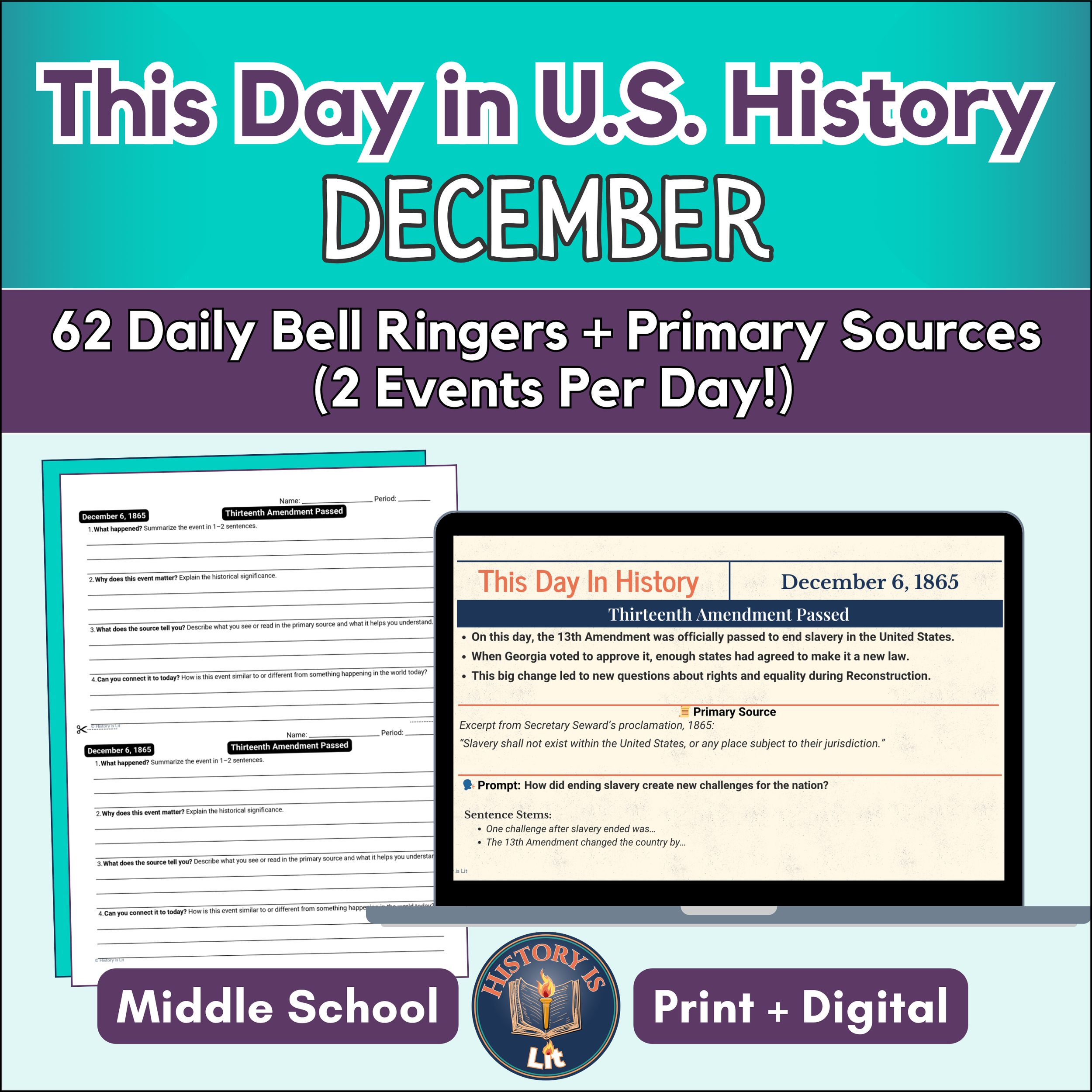 December- Daily ‘This Day in U.S. History’ Bell Ringers 7-8th Gr Slides+Analysis