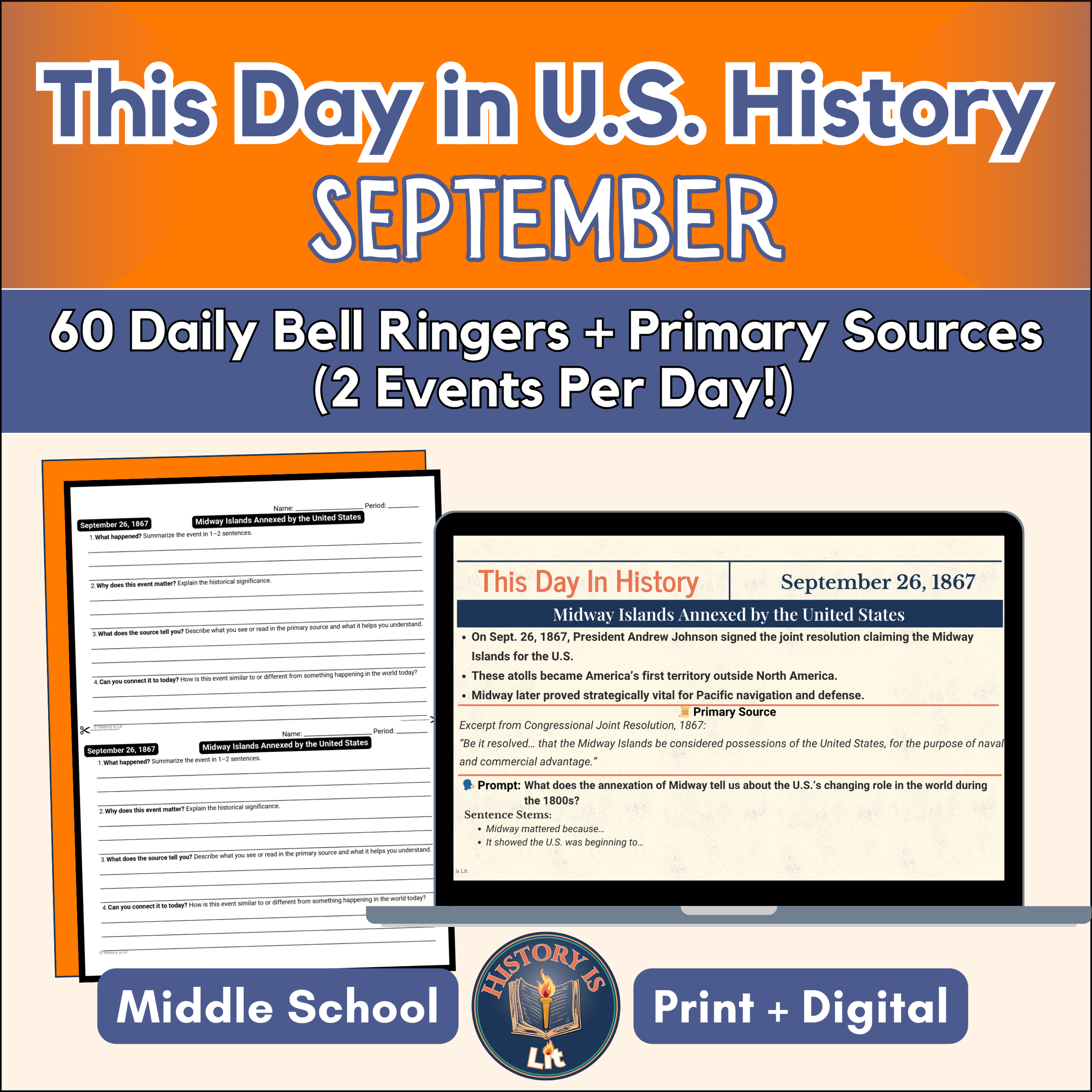 September-Daily ‘This Day in U.S. History’ Bell Ringers 7-8th Gr Slides+Analysis