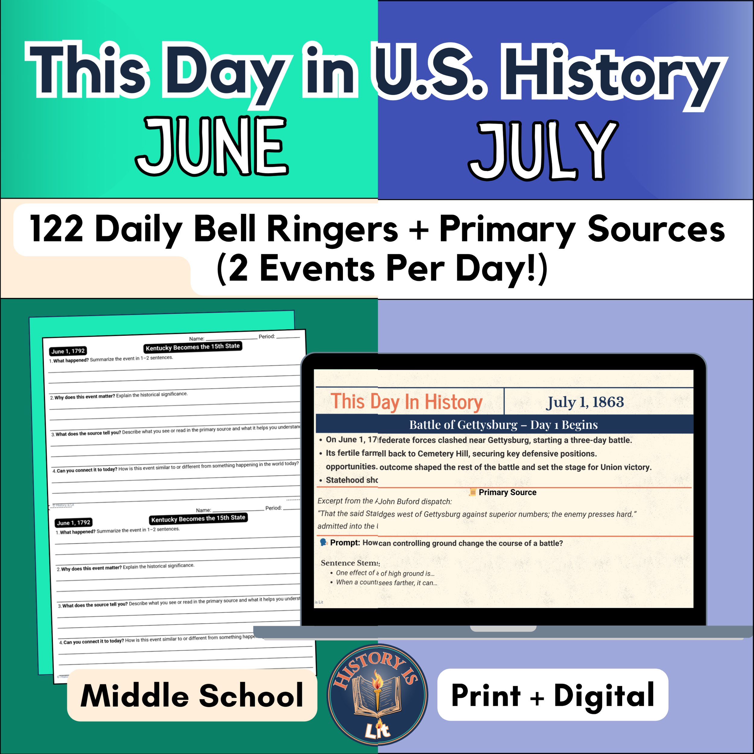 June + July Bell Ringers | US History | 7-8th Grade| Printable + Digital WarmUp