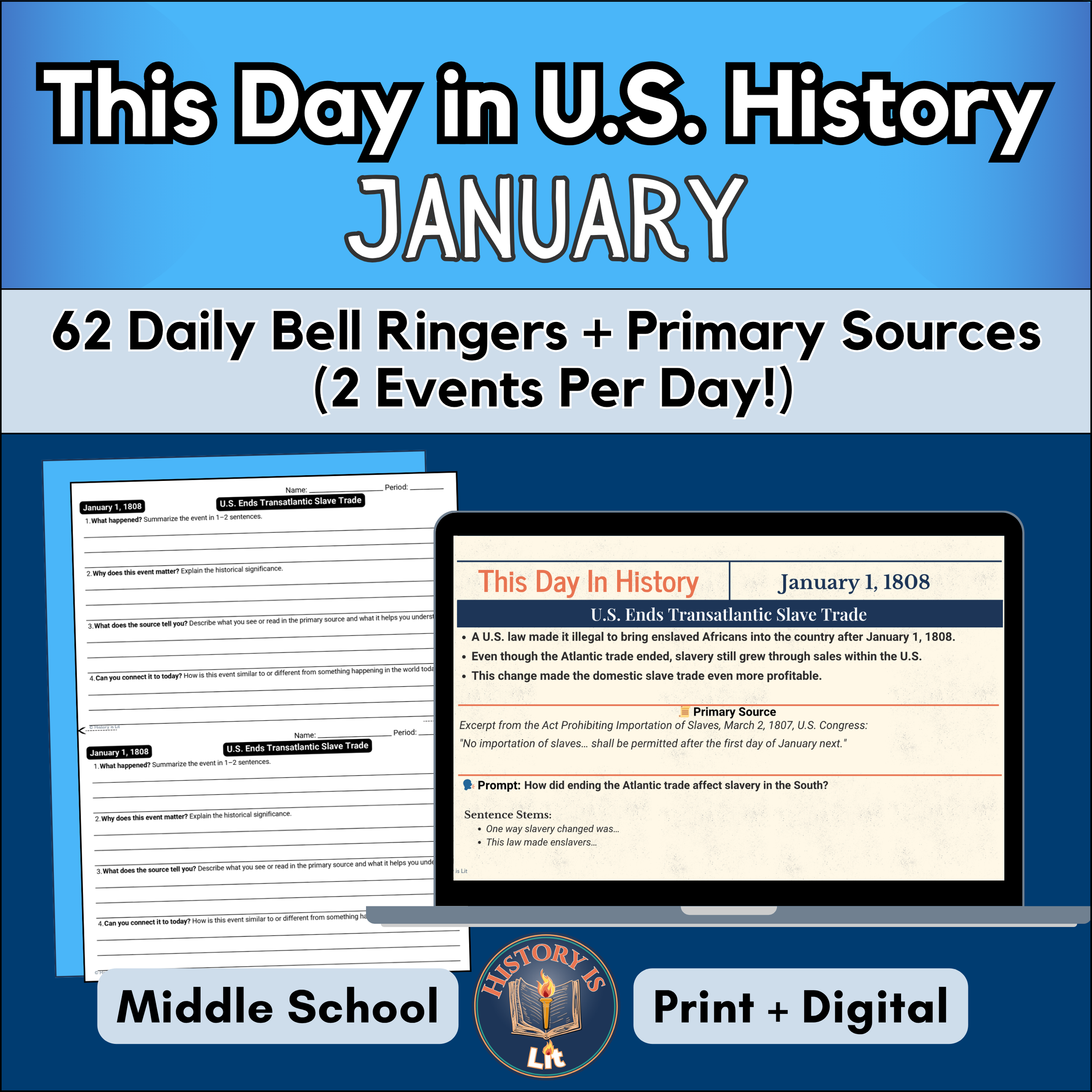 January - Daily ‘This Day in U.S. History’ Bell Ringers 7-8th Gr Slides+Analysis