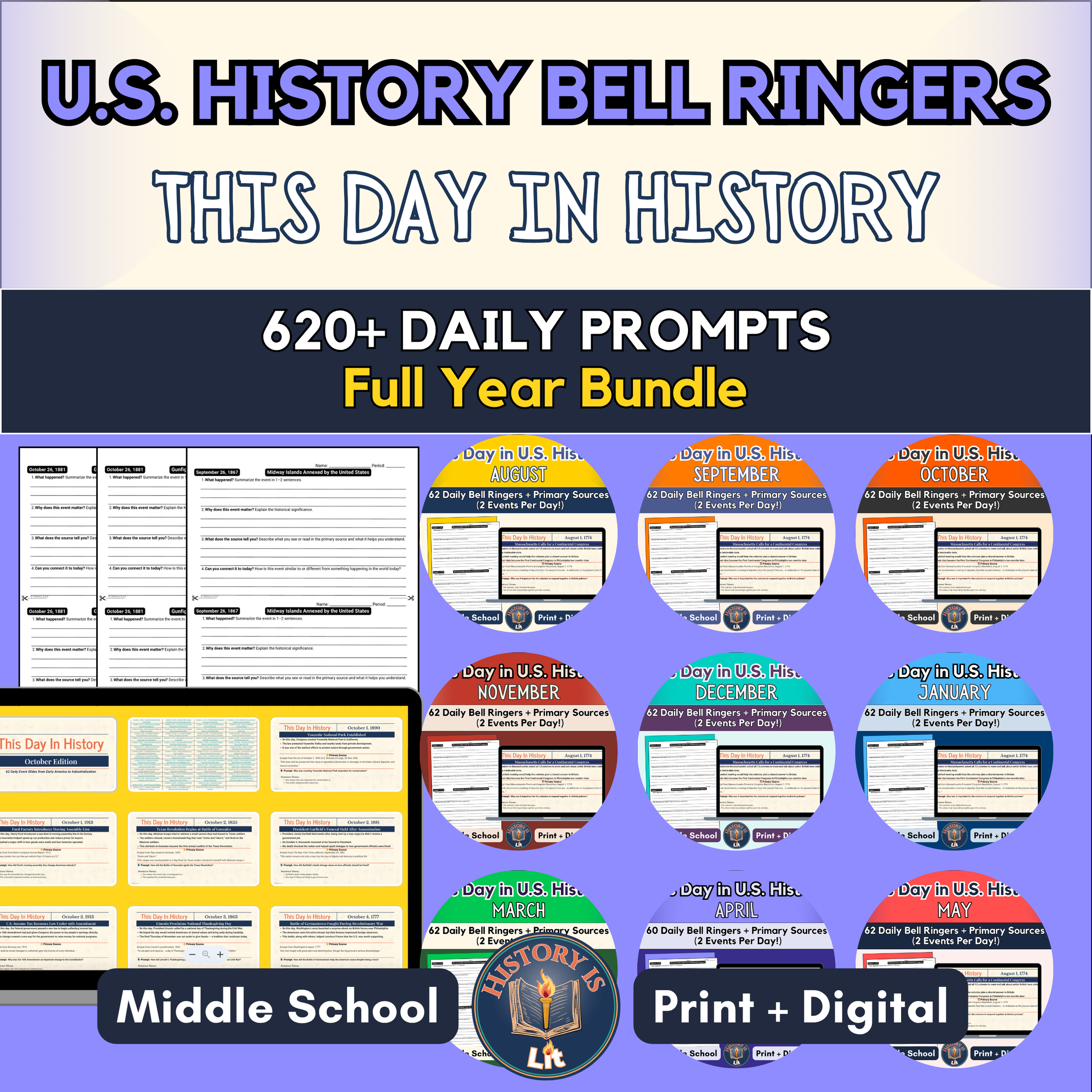 Yearlong U.S. History Bell Ringers | This Day in History Daily Warm-Ups | Grades 7–8
