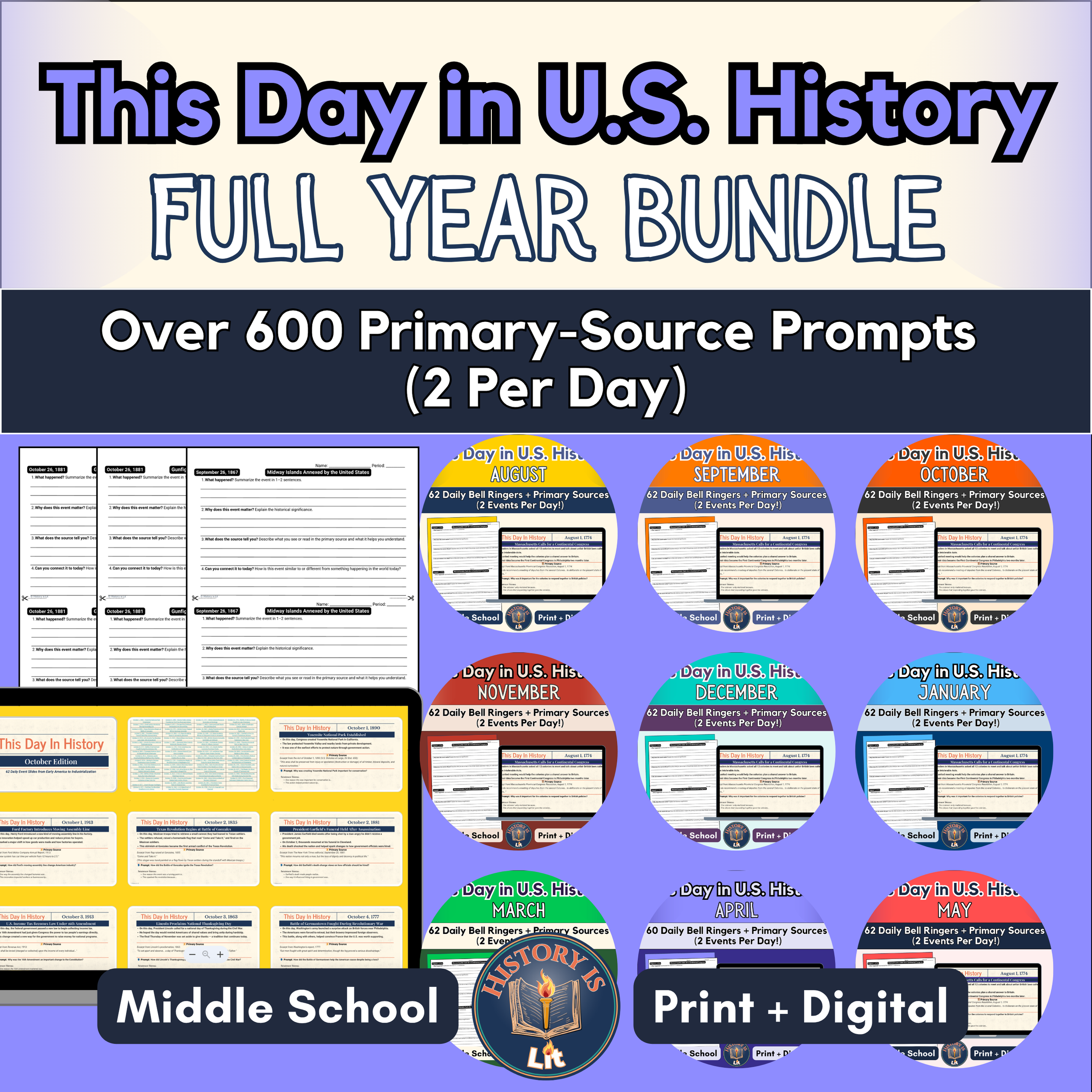 Year Long Daily ‘This Day in U.S. History’ Bell Ringers 7-8th Gr Slides+Analysis
