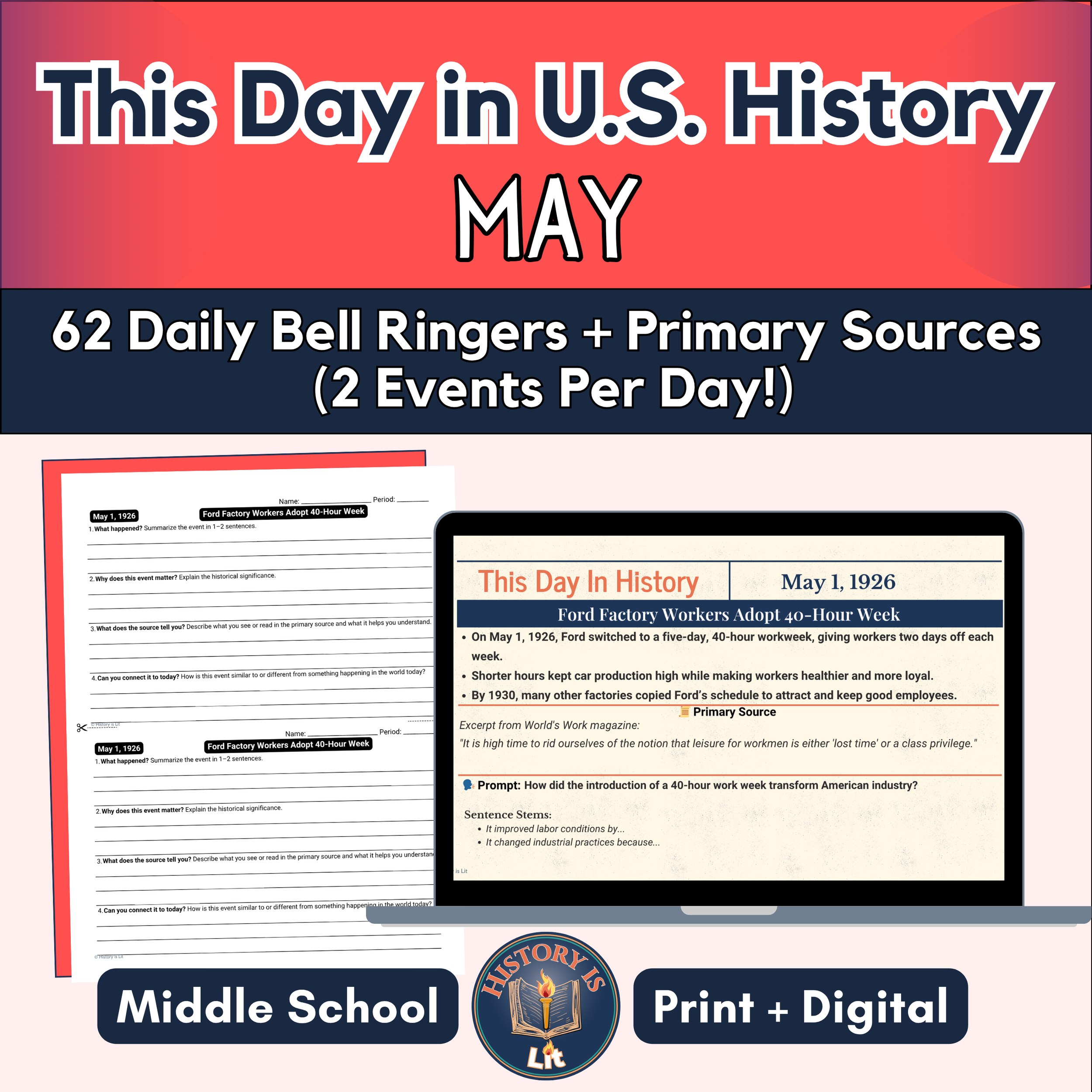 May - Daily ‘This Day in U.S. History’ Bell Ringers 7-8th Grade Slides+Analysis