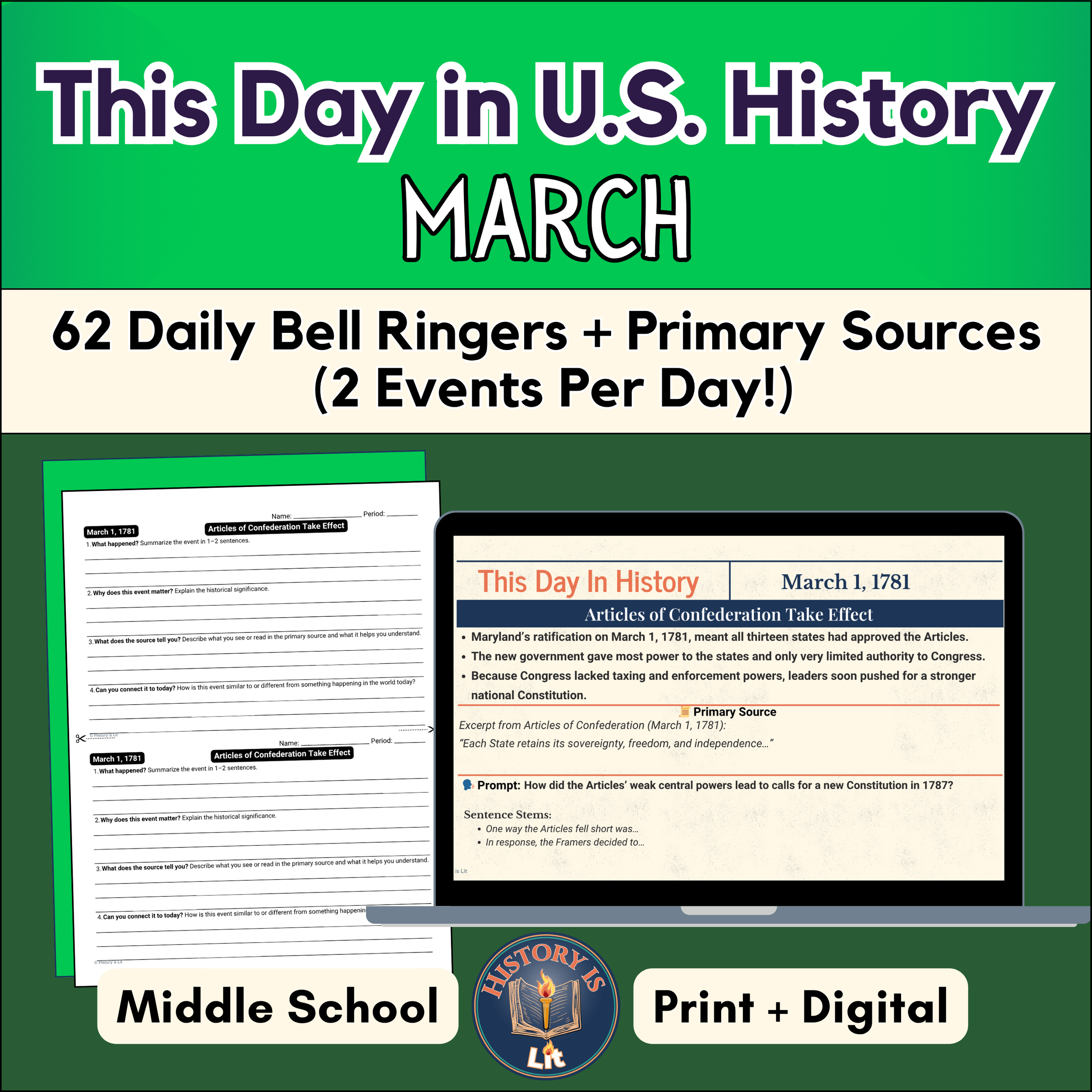 March - Daily ‘This Day in U.S. History’ Bell Ringers 7-8th Gr Slides+Analysis