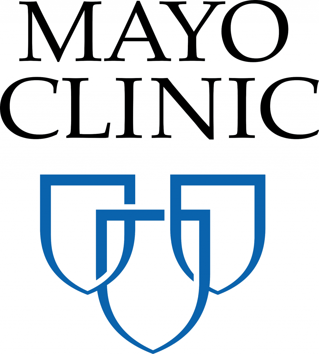 The image features the name "Mayo Clinic" in black outline text at the top, and a blue emblem of three linked shields below.
