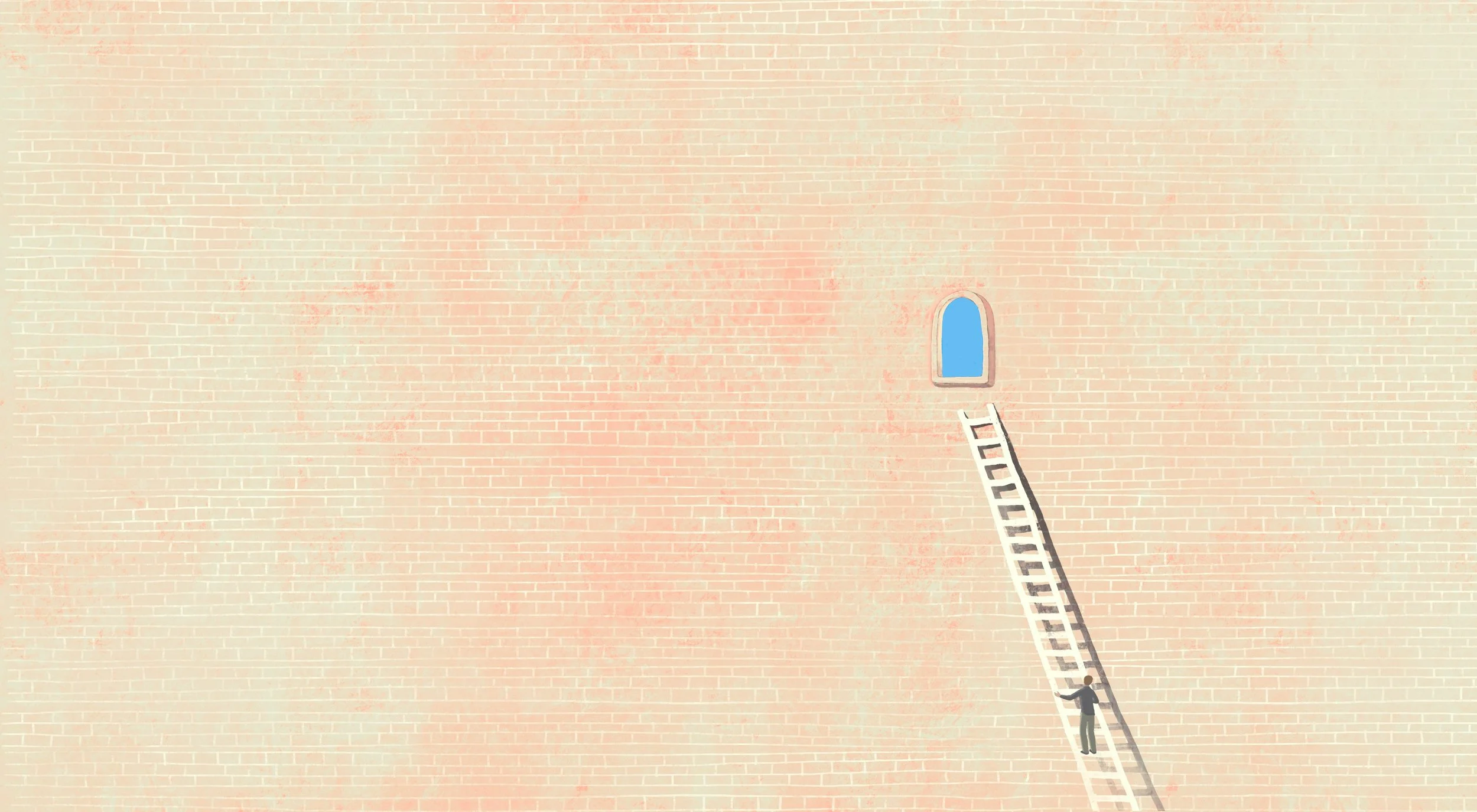 A man climbing a ladder to reach a small arched window on a large brick wall, with a blue sky visible through the window.