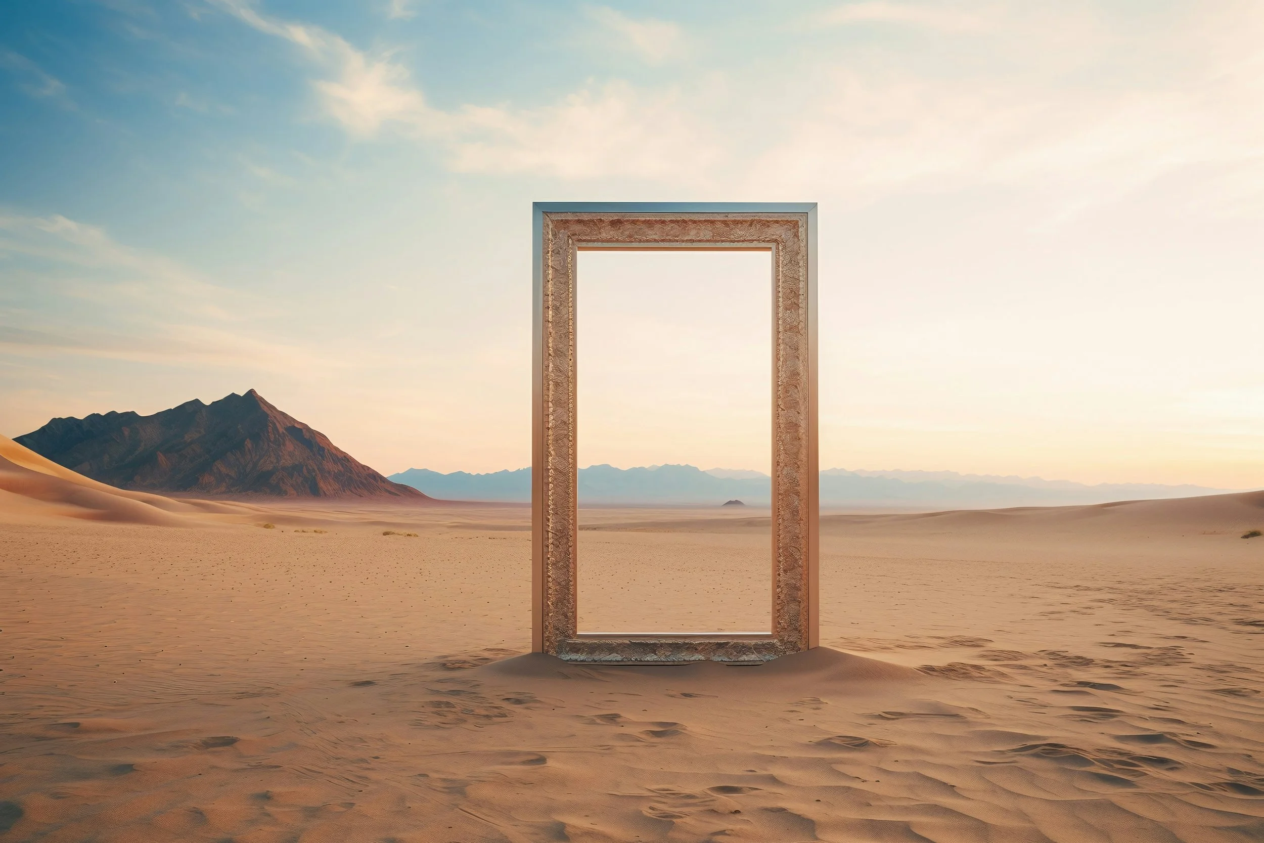 A large ornate rectangular frame standing upright in a desert landscape with sand dunes and distant mountains under a sky with soft clouds.