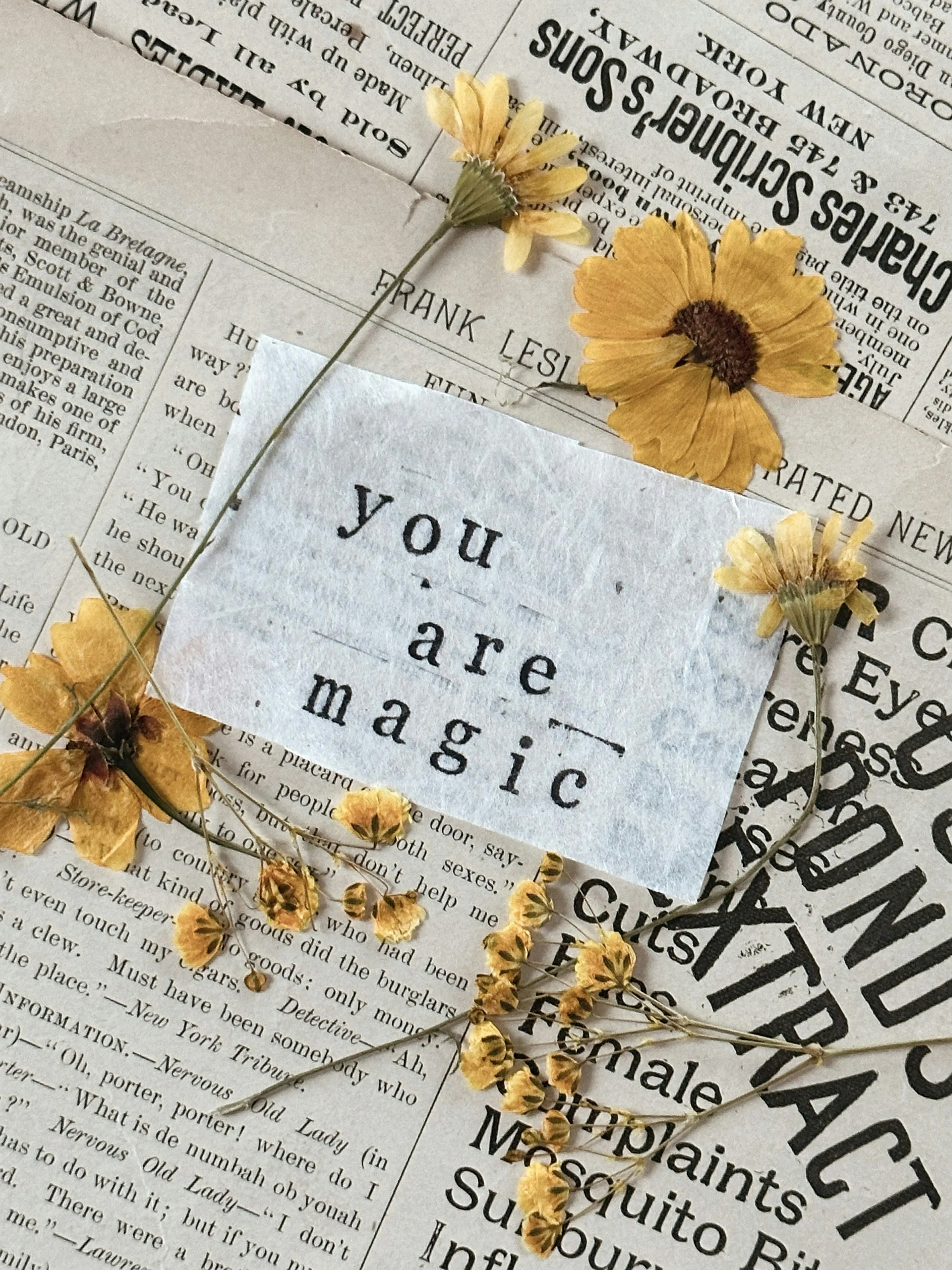 A small note with the words 'you are magic' is placed on a background of newspaper clippings and surrounded by yellow dried flowers
