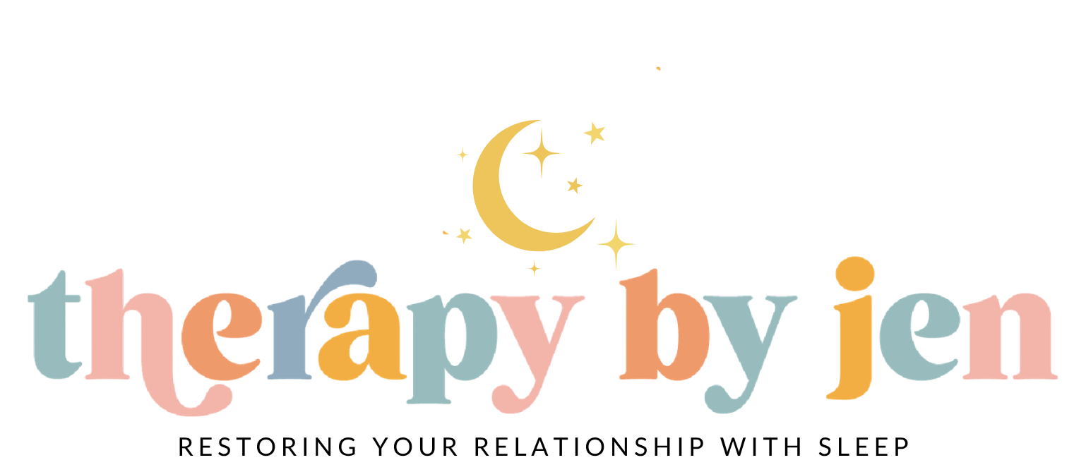 Colorful text spelling 'therapy by jen' with a yellow background and various pastel shades in a playful font.