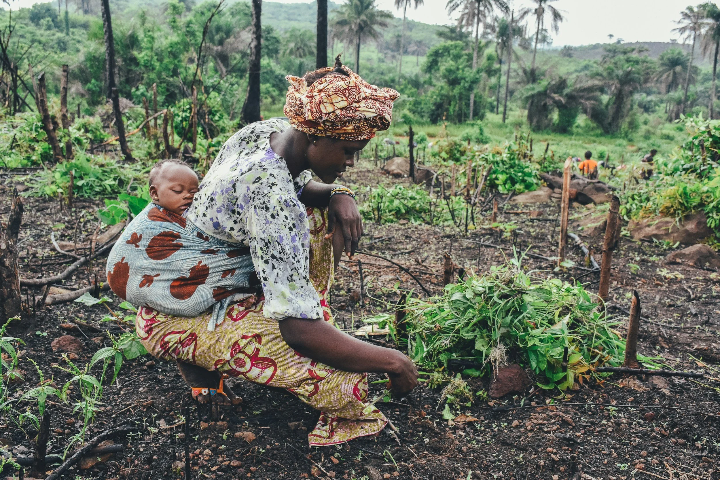 A woman carrying a child on her back, working in a small garden or farm in a rural area with lush greenery and trees in the background.