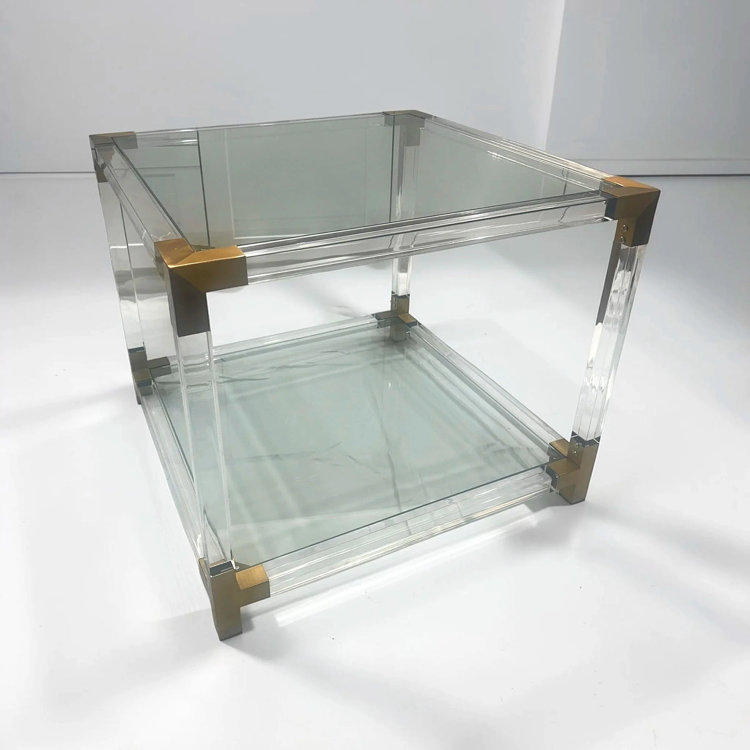 Lucite, Glass and Brass Side Tables