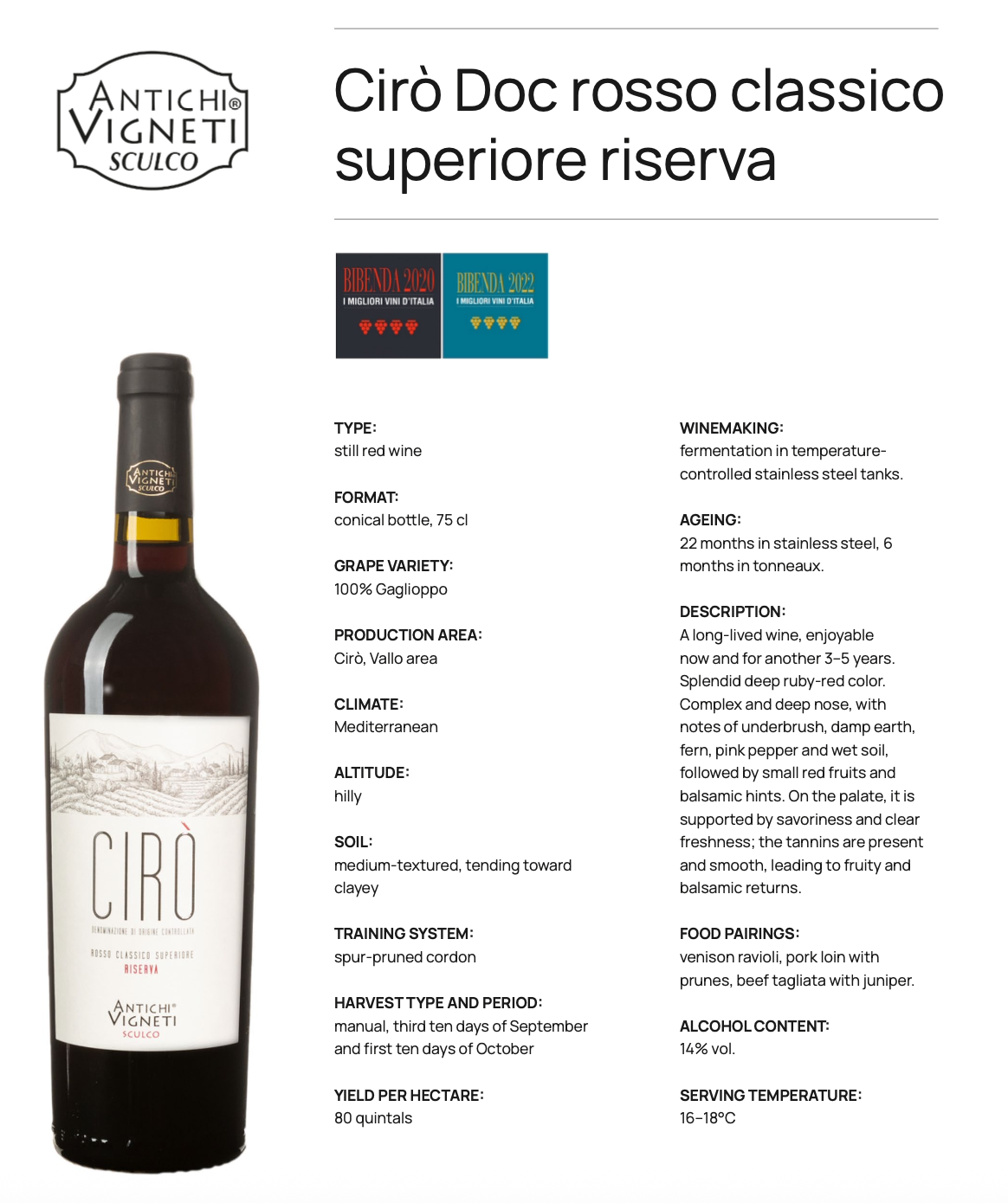 Antichi Vigneti Sculco 2021 Cirò DOC Rosso Classico Superiore Riserva - $270 per case (6 bottles)