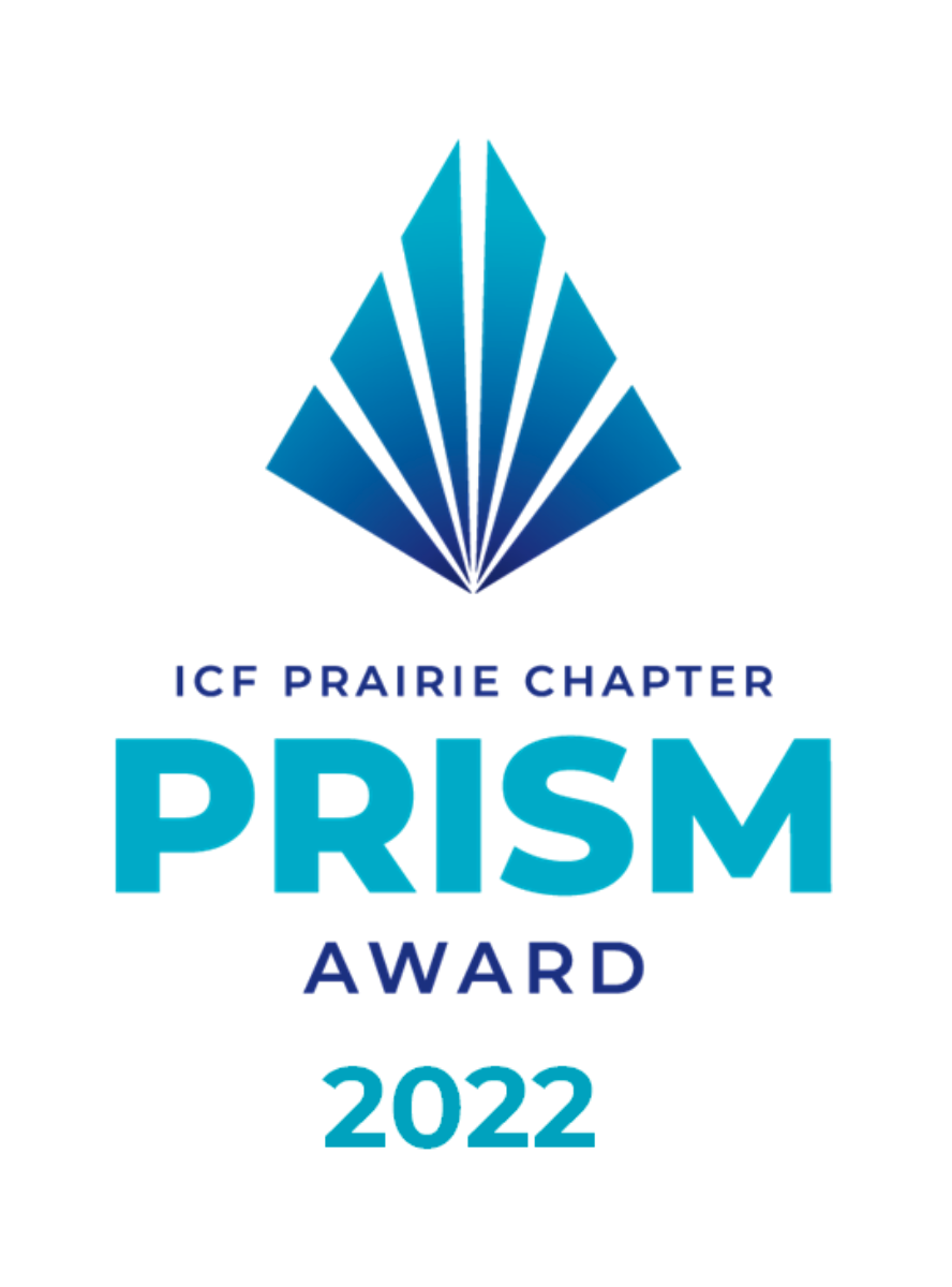 ICF Prairie Chapter Prism Award logo with blue geometric design, 2022.