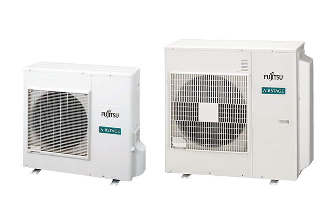Fujitsu Airstage outdoor air conditioning units, one small and one larger, side by side.