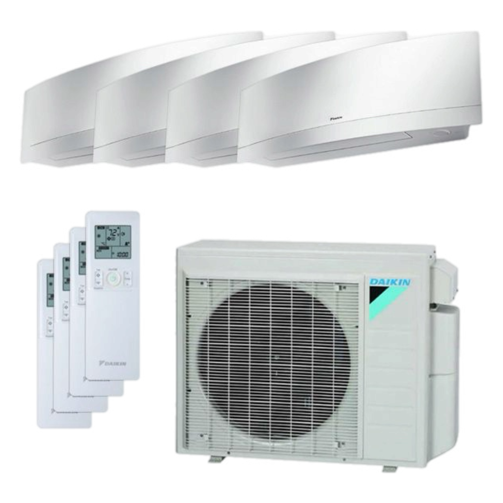 Daikin air conditioning system with indoor units, outdoor condenser, and remote controls.