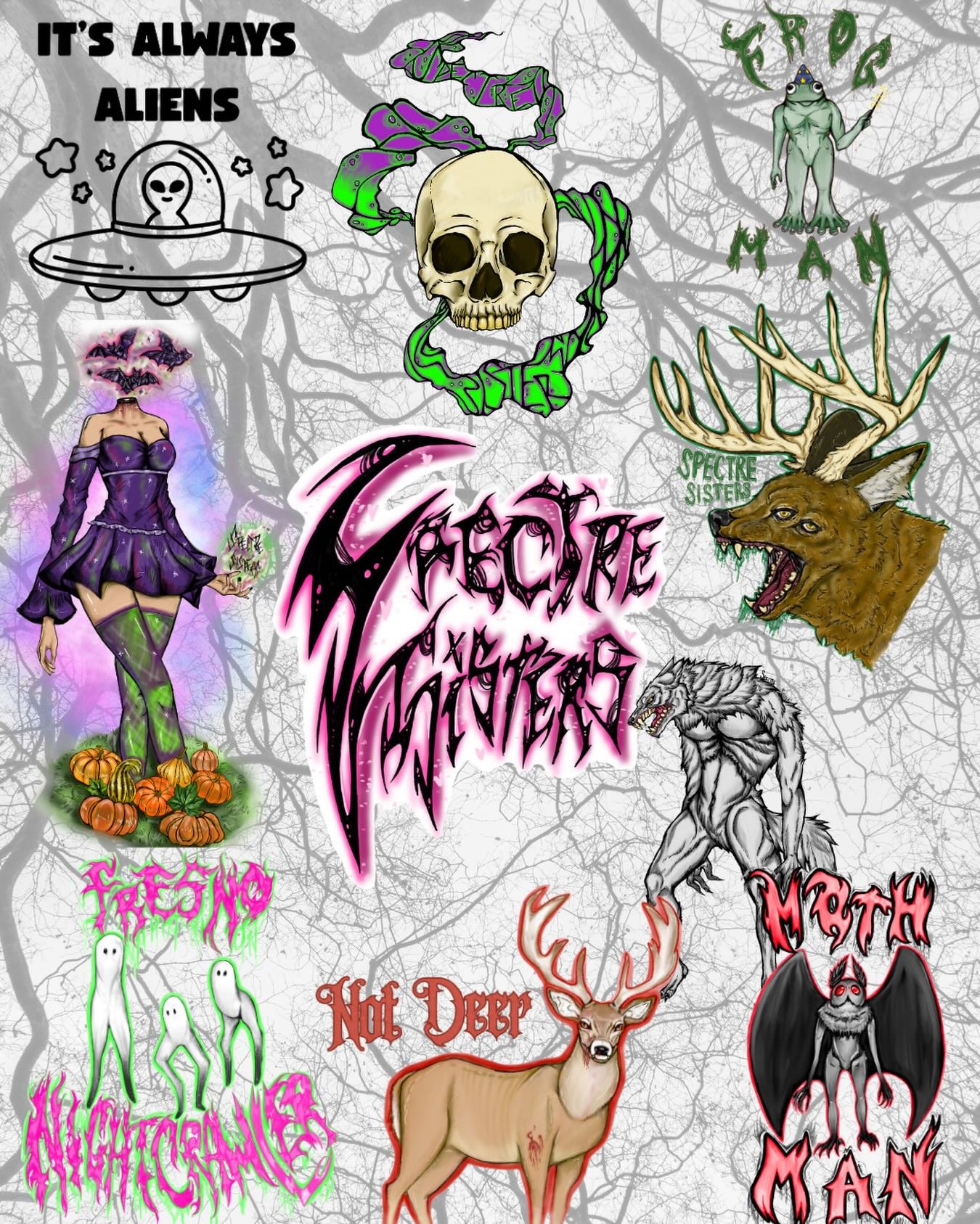 Some of our many merch designs&hellip; did you know most of these are drawn by @bluez3ro ? Link in bio or search www.clock-tower-media-fourthwall.com 

#merch #cryptids #haunted #fyp #spooky