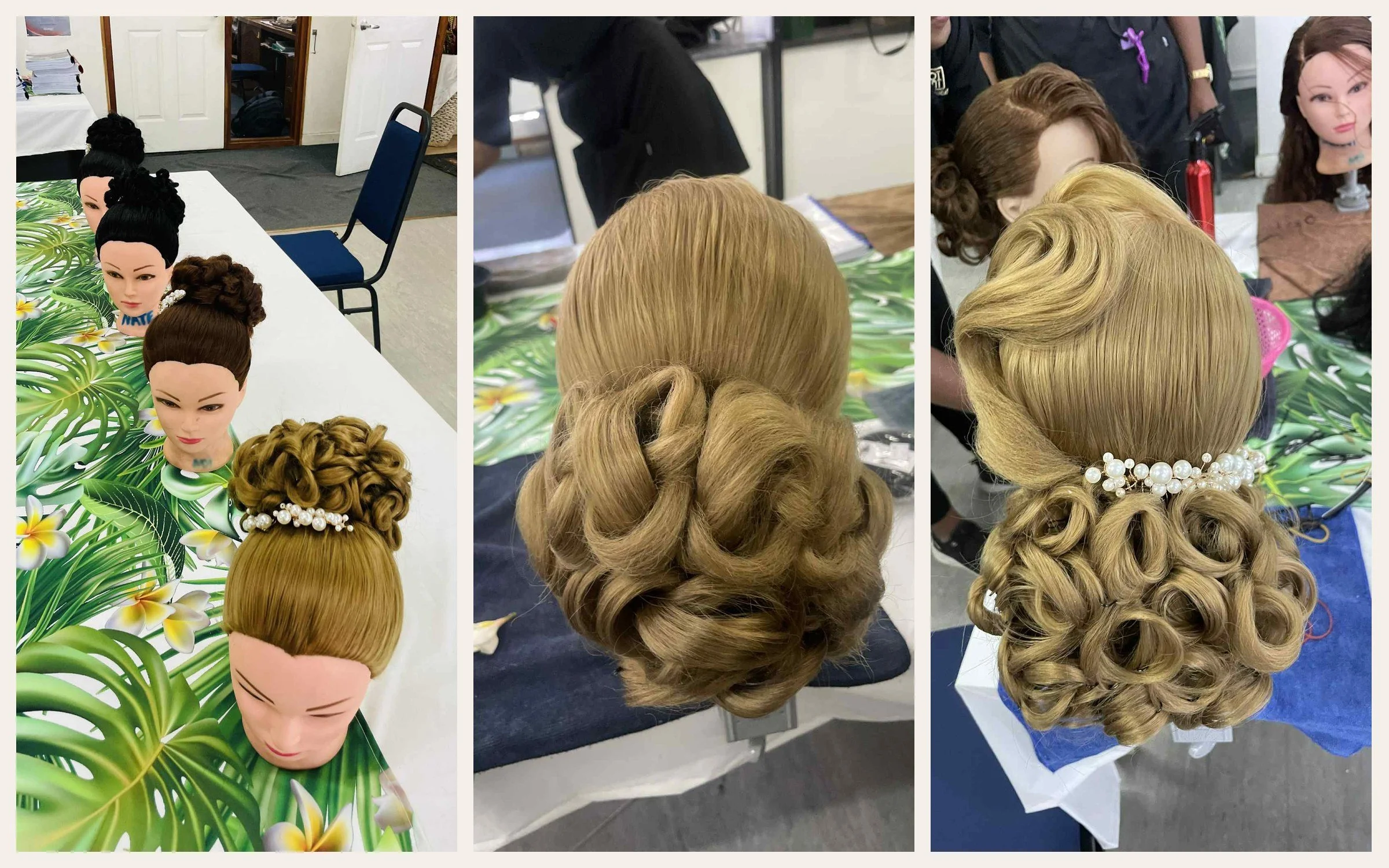 Long-hair design work by Pivot Point Fiji students on mannequins and models