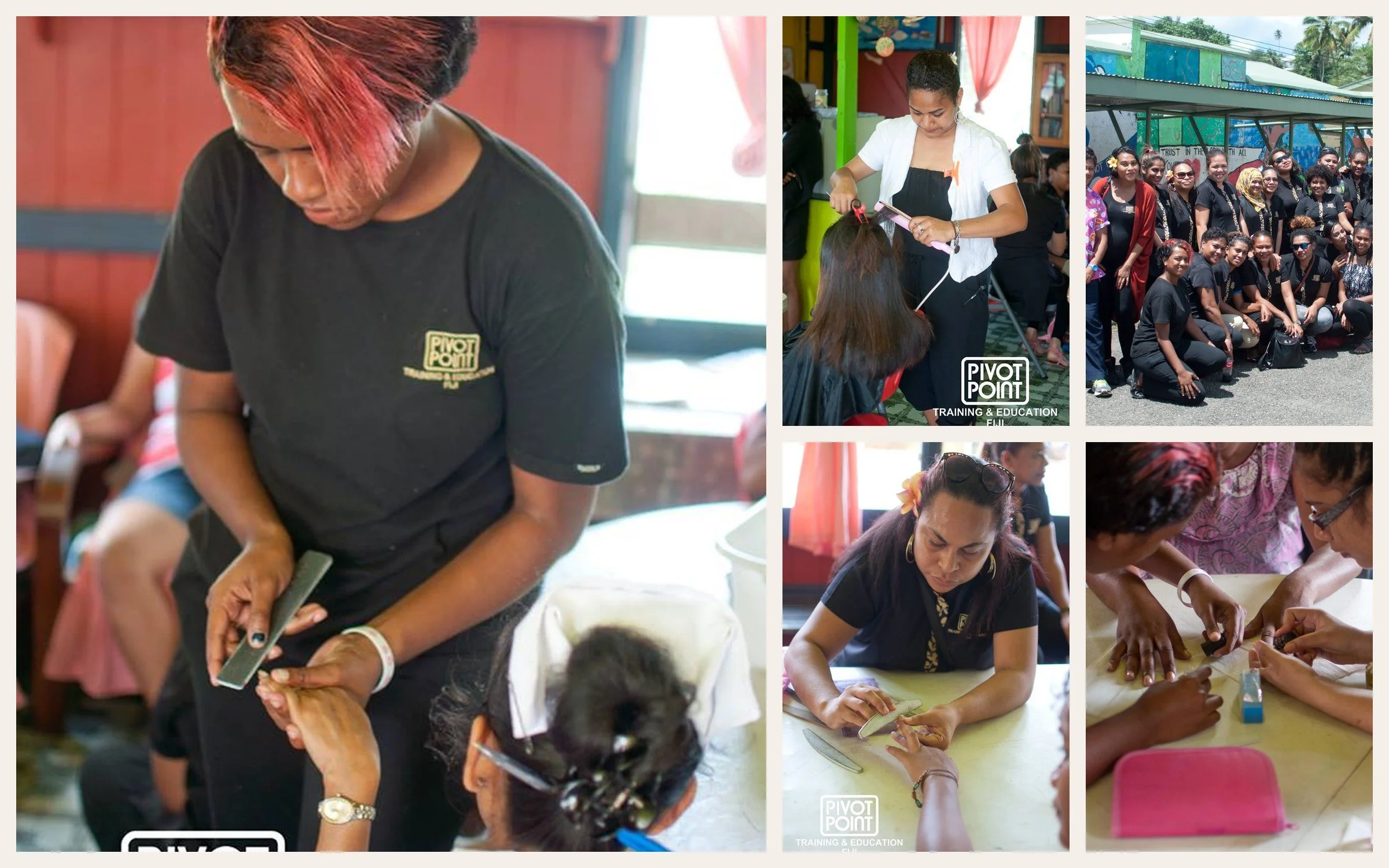 Students giving haircuts and treatments on a Pivot Point Fiji pamper day