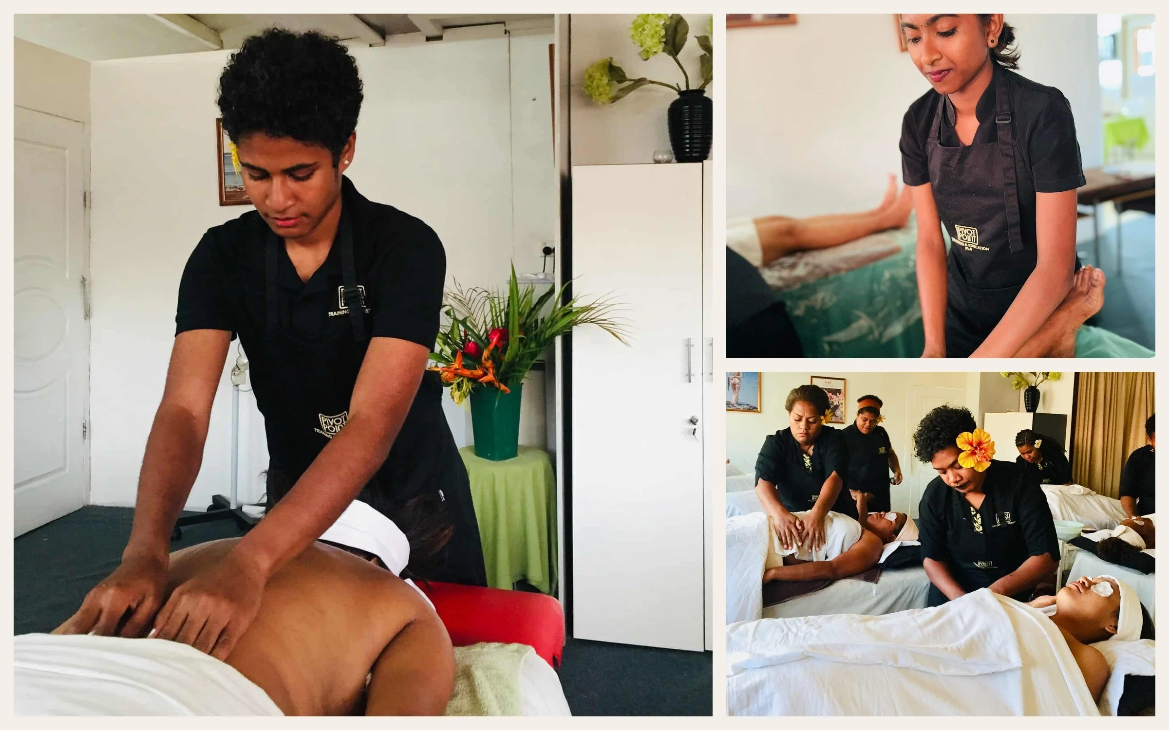 Beauty therapy students practising massage and spa treatments at Pivot Point Fiji