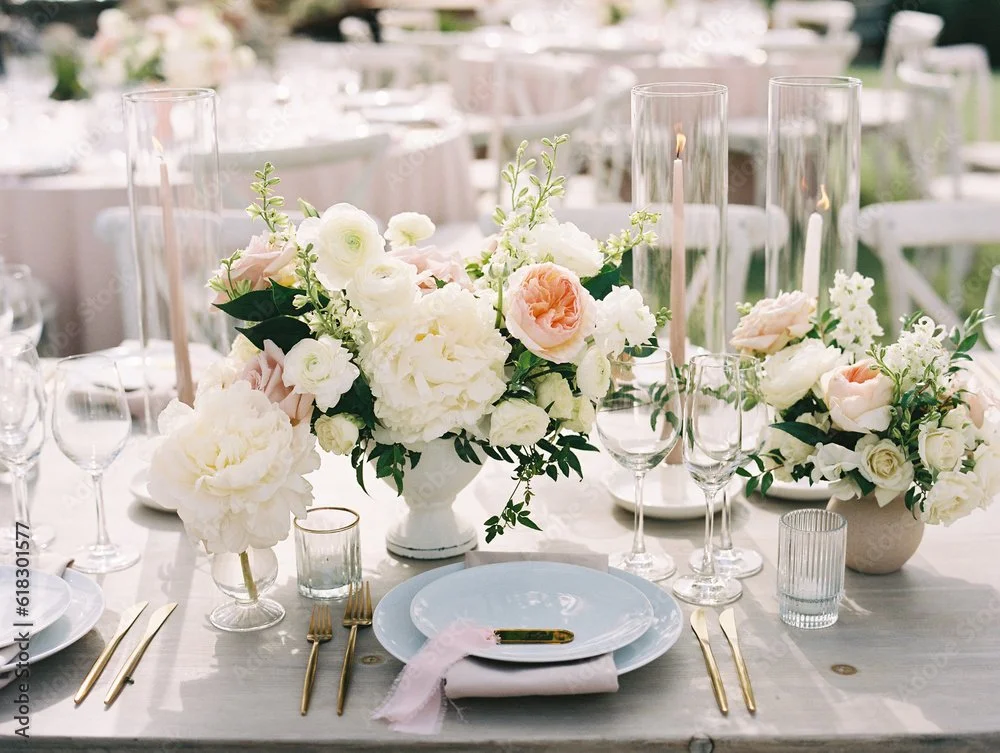Elegant table setting with floral centerpieces, tall glass candleholders, and gold cutlery.