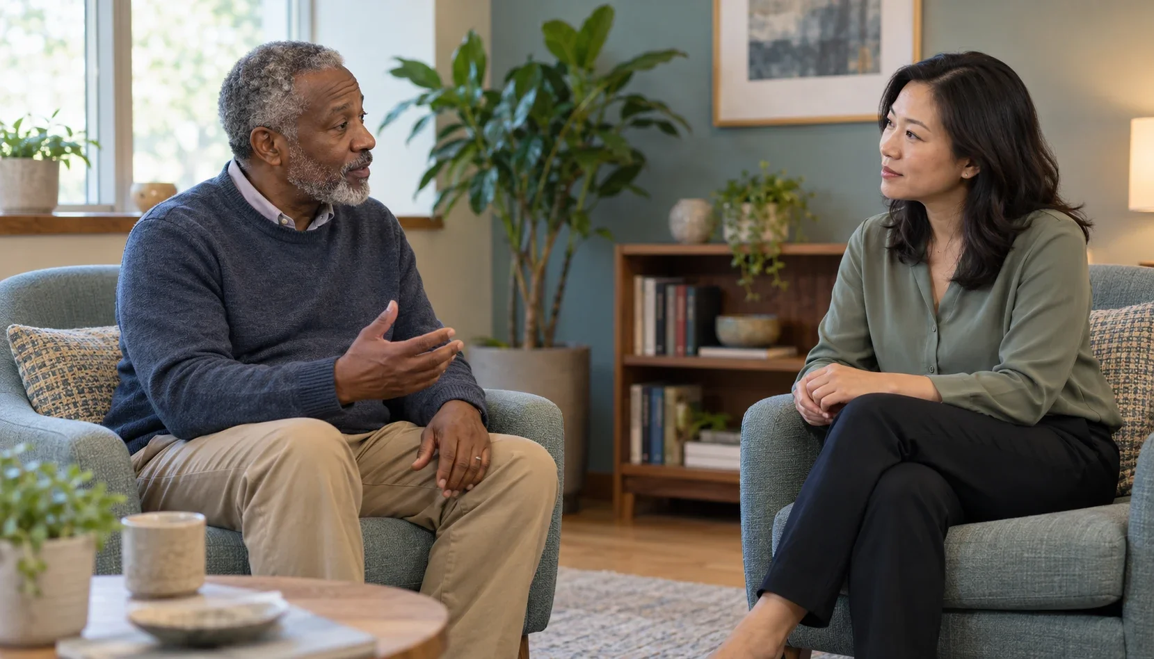 An older man speaks with a clinician during a calm office consultation.